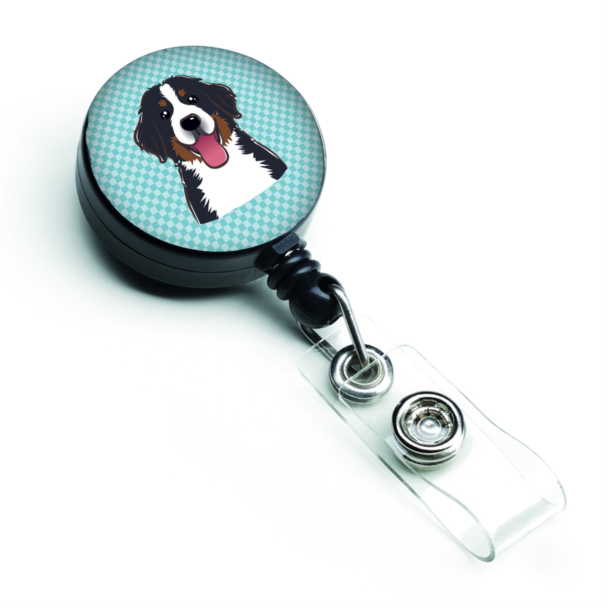 Checkerboard Blue Bernese Mountain Dog Retractable Badge Reel