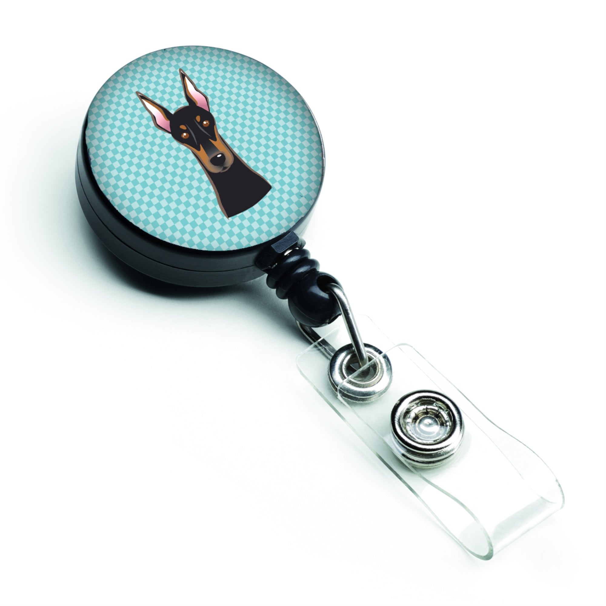 Checkerboard Blue Doberman Retractable Badge Reel