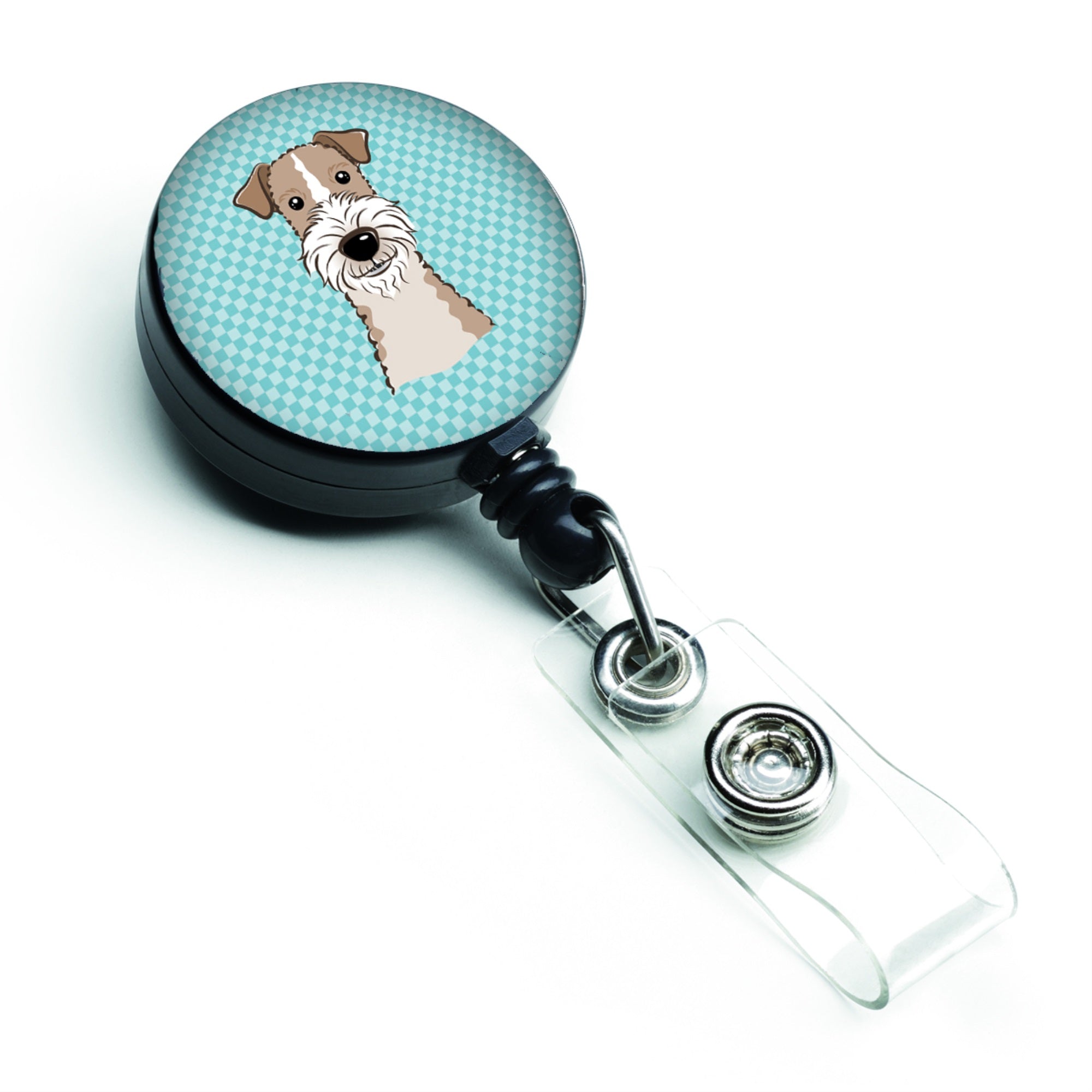 Checkerboard Blue Wire Haired Fox Terrier Retractable Badge Reel