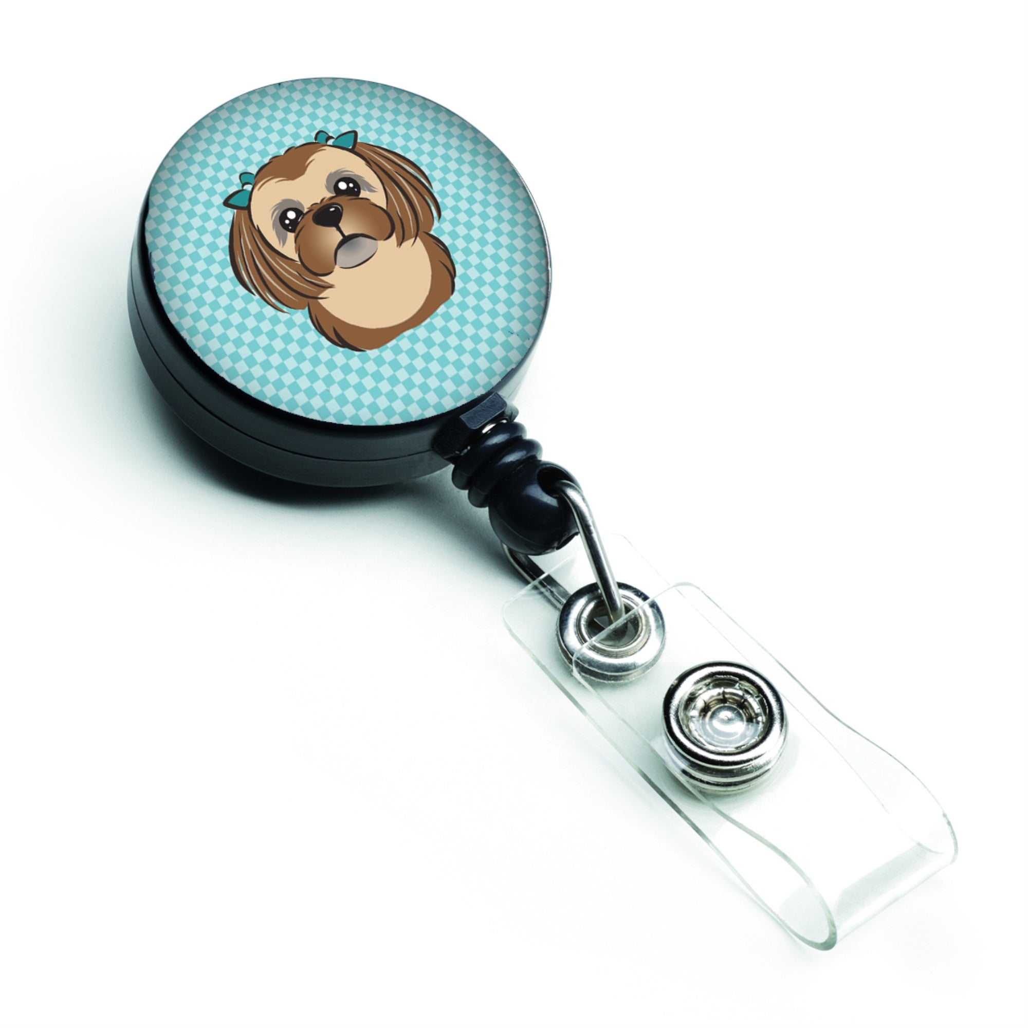 Checkerboard Blue Chocolate Brown Shih Tzu Retractable Badge Reel