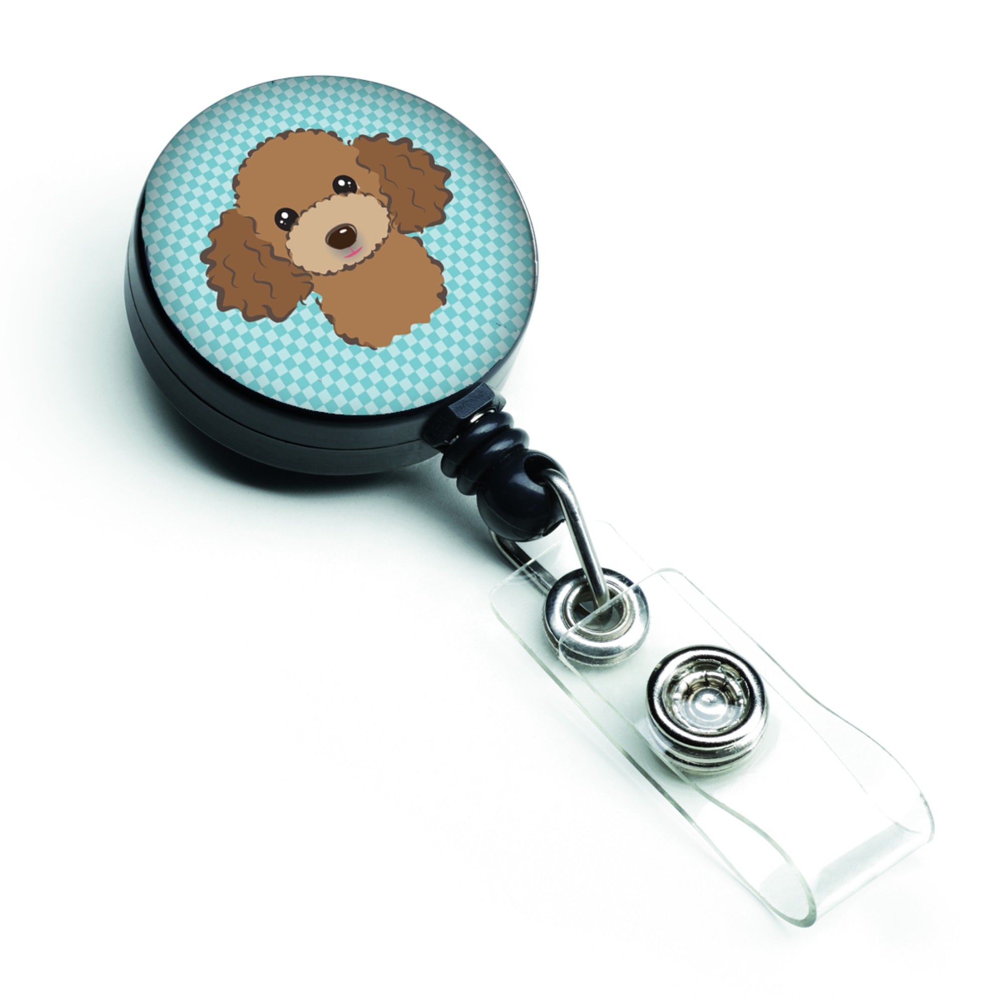 Checkerboard Blue Chocolate Brown Poodle Retractable Badge Reel