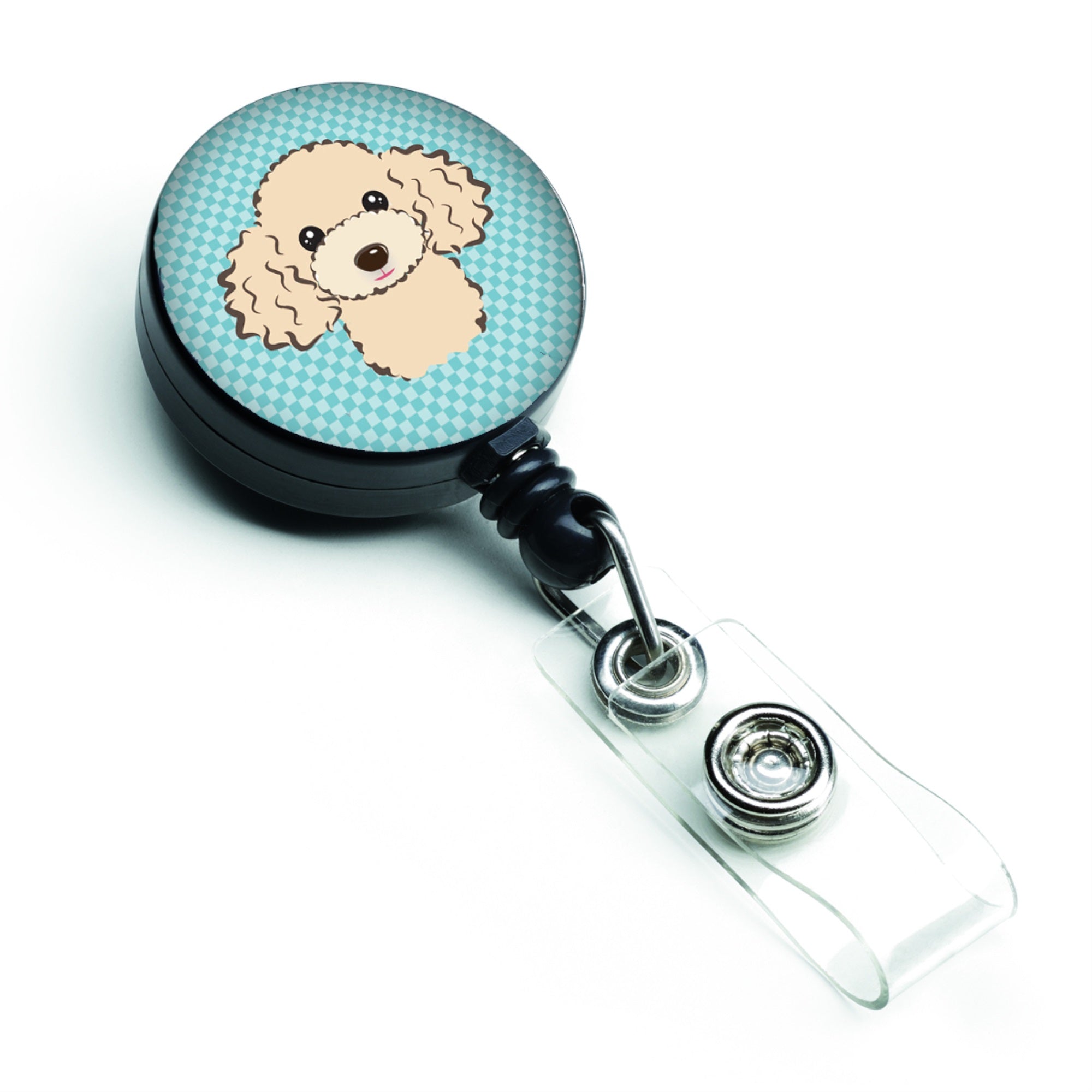 Checkerboard Blue Buff Poodle Retractable Badge Reel
