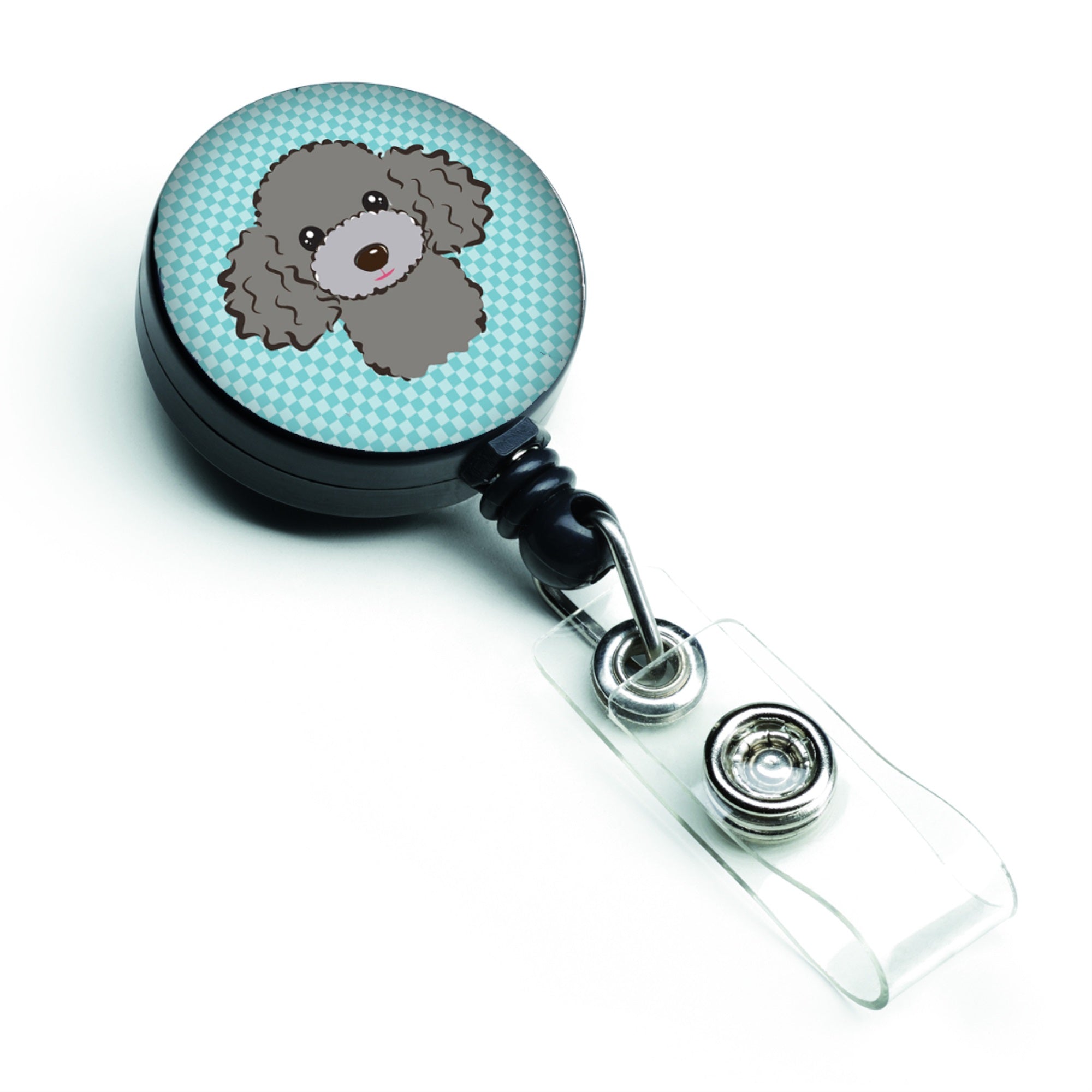 Checkerboard Blue Silver Gray Poodle Retractable Badge Reel