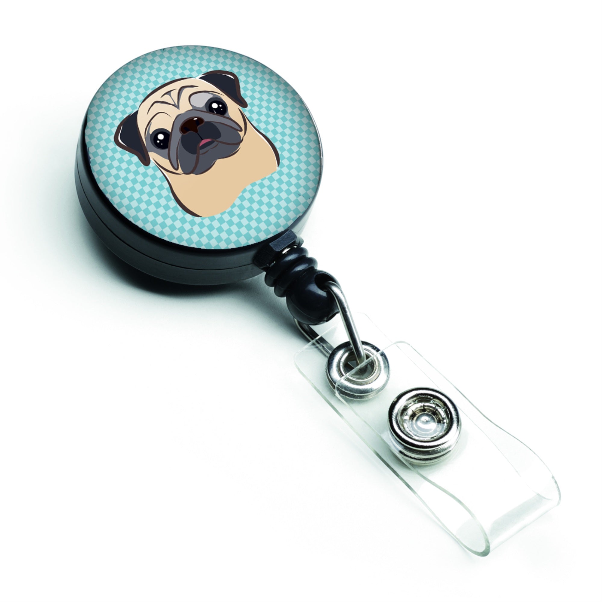 Checkerboard Blue Fawn Pug Retractable Badge Reel