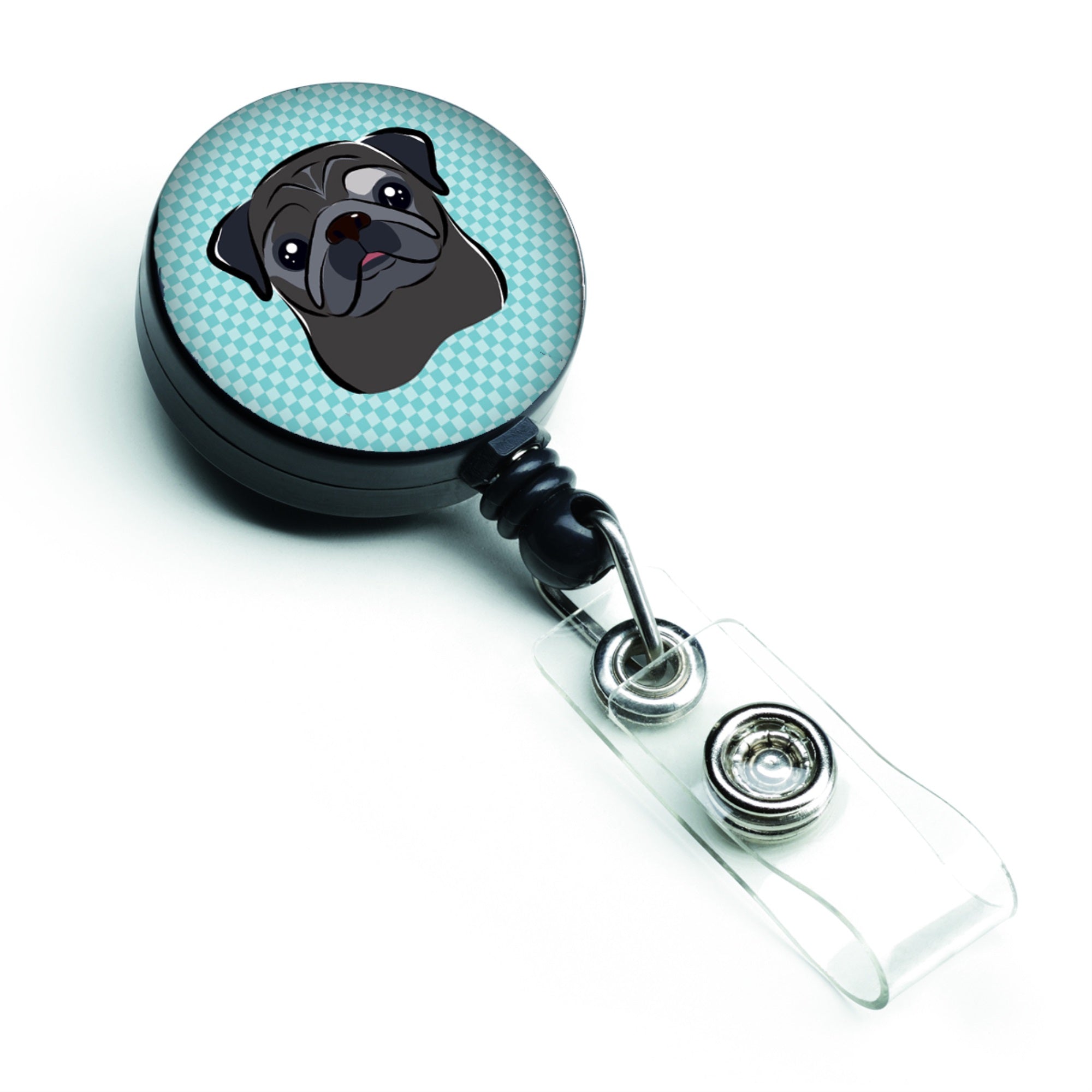 Checkerboard Blue Black Pug Retractable Badge Reel