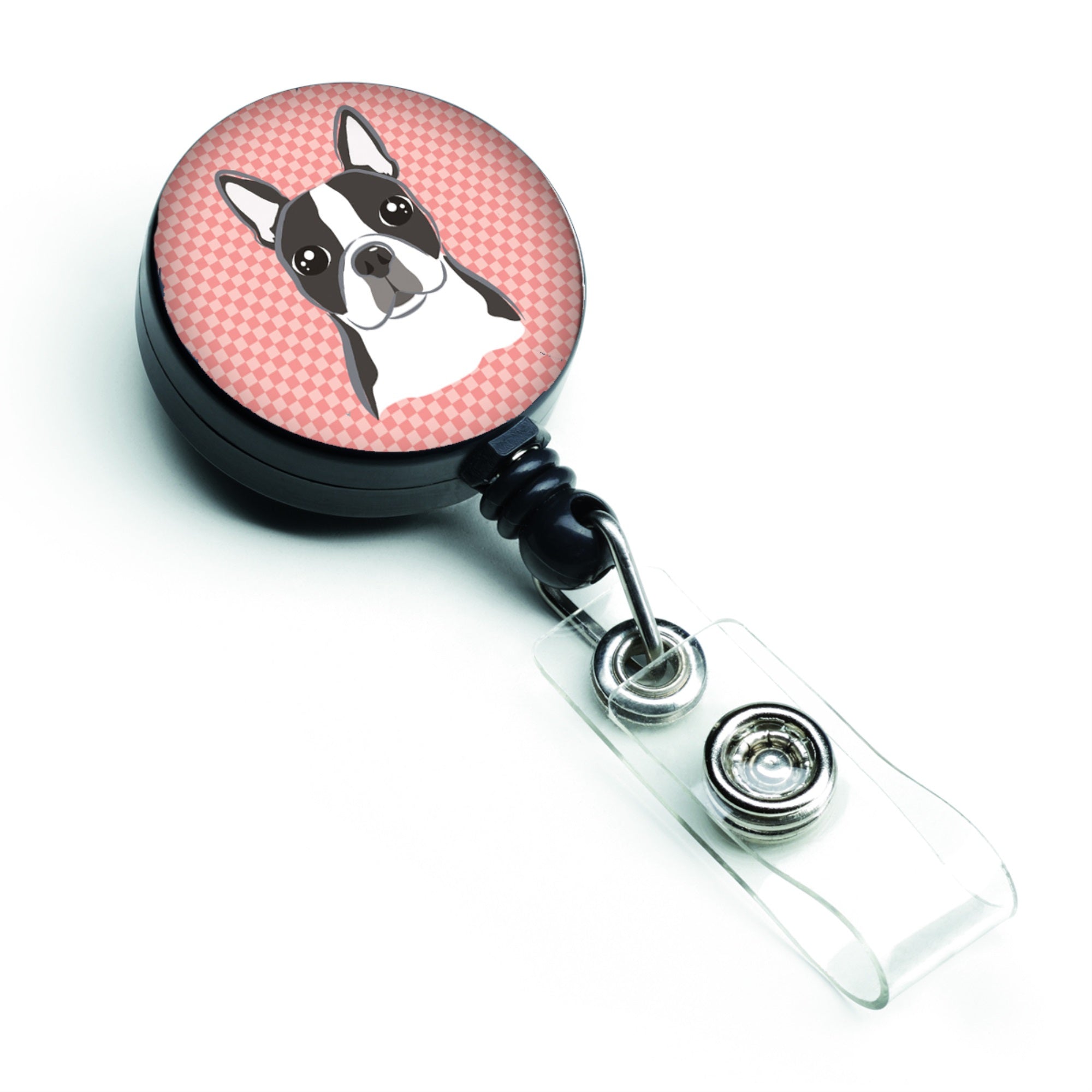 Checkerboard Pink Boston Terrier Retractable Badge Reel