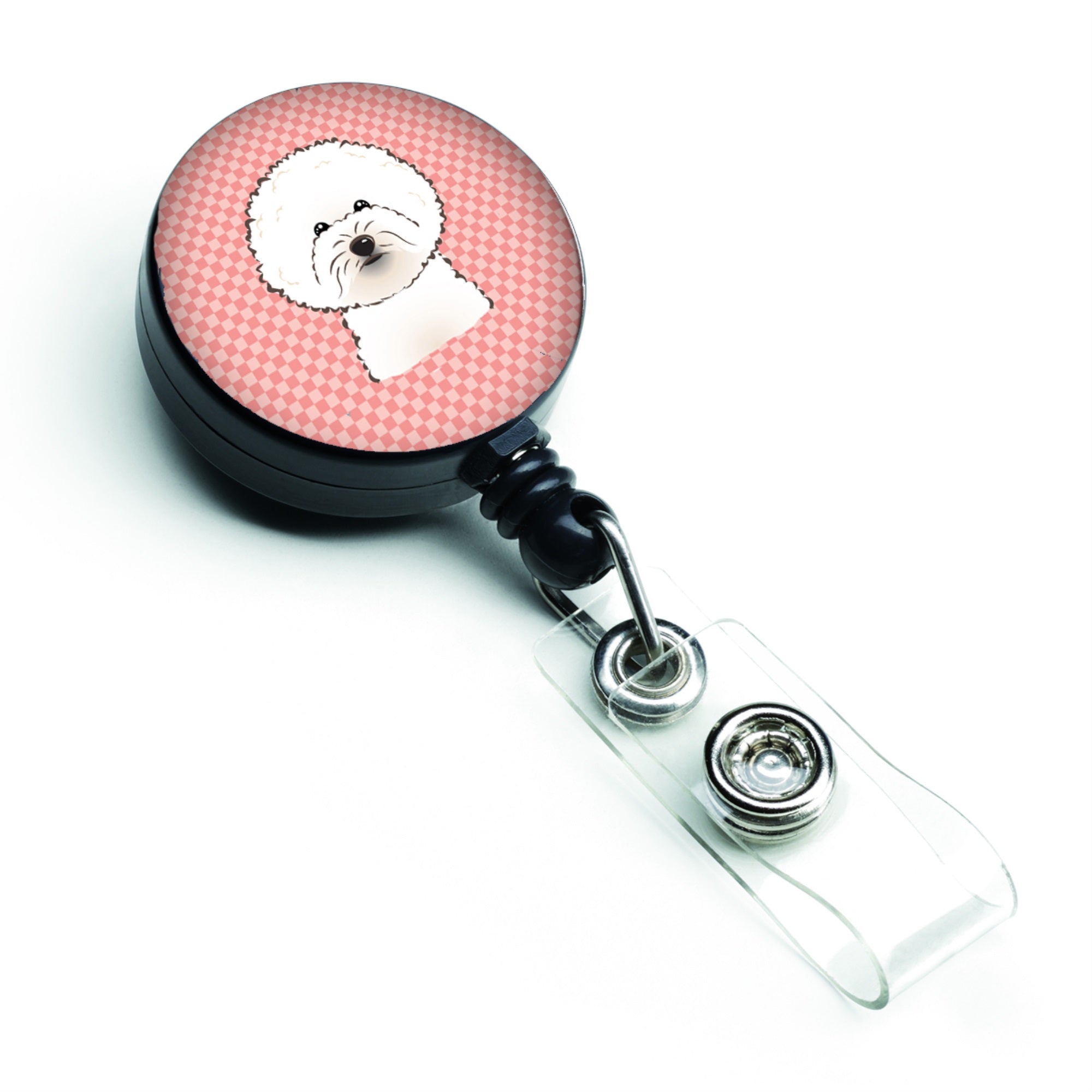 Checkerboard Pink Bichon Frise Retractable Badge Reel