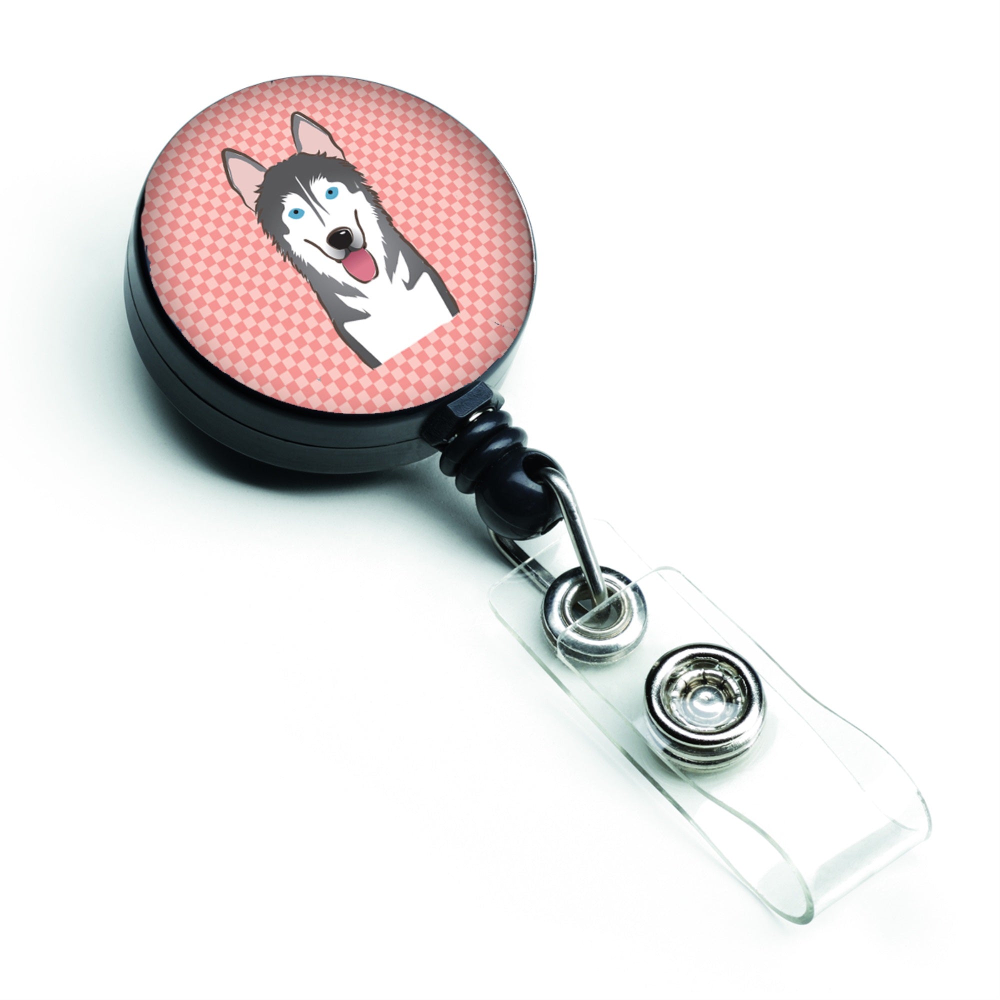 Checkerboard Pink Alaskan Malamute Retractable Badge Reel