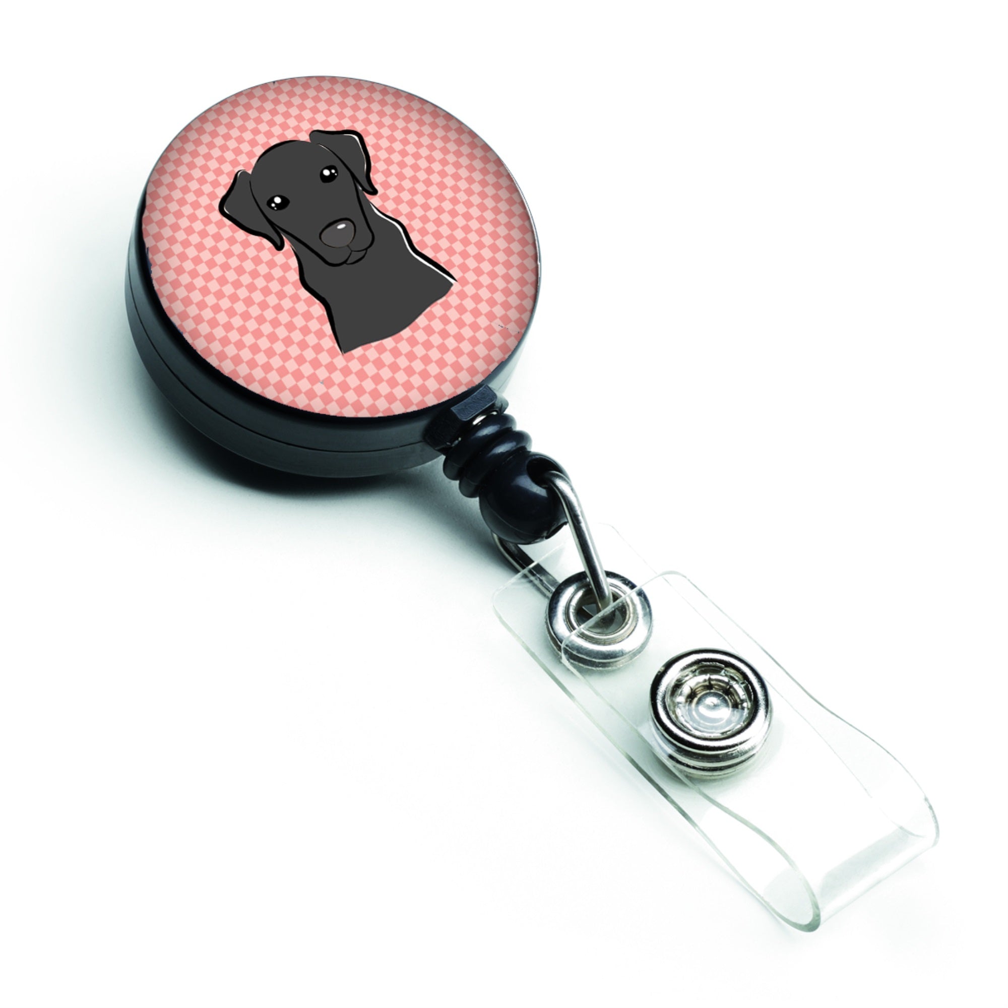 Checkerboard Pink Black Labrador Retractable Badge Reel