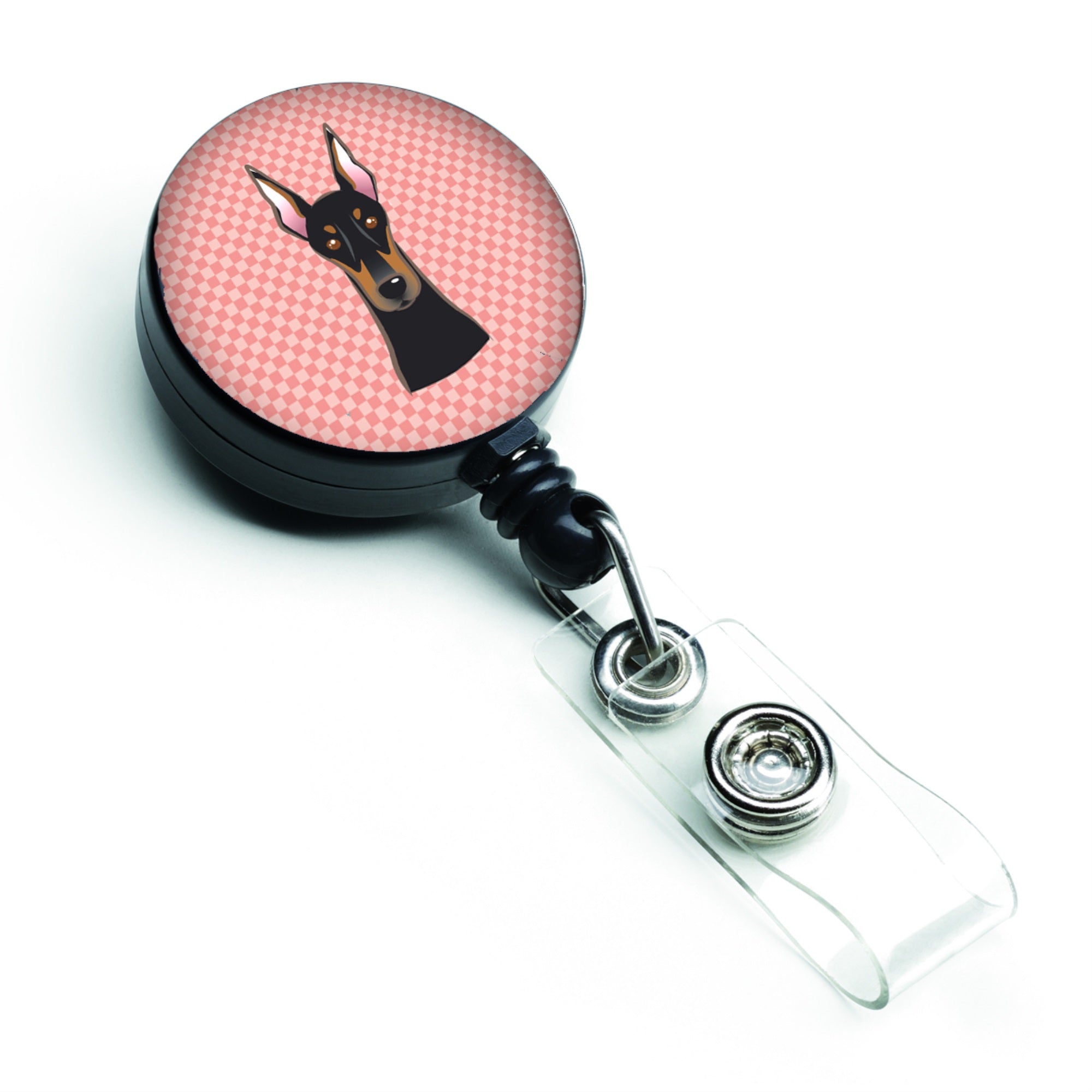 Checkerboard Pink Doberman Retractable Badge Reel