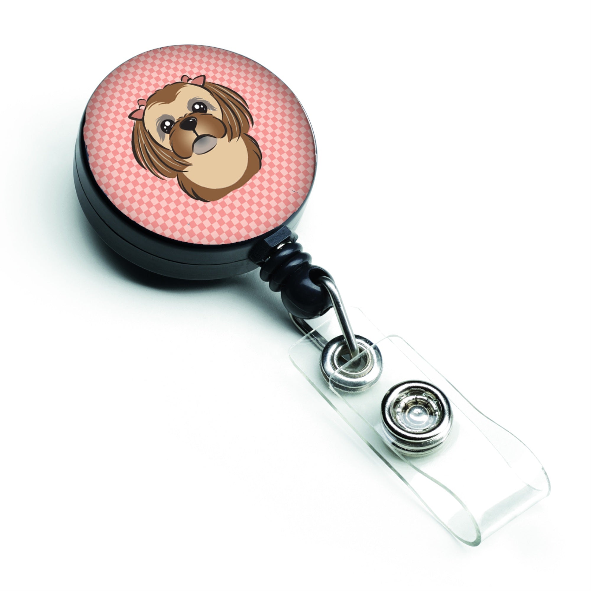 Checkerboard Pink Chocolate Brown Shih Tzu Retractable Badge Reel