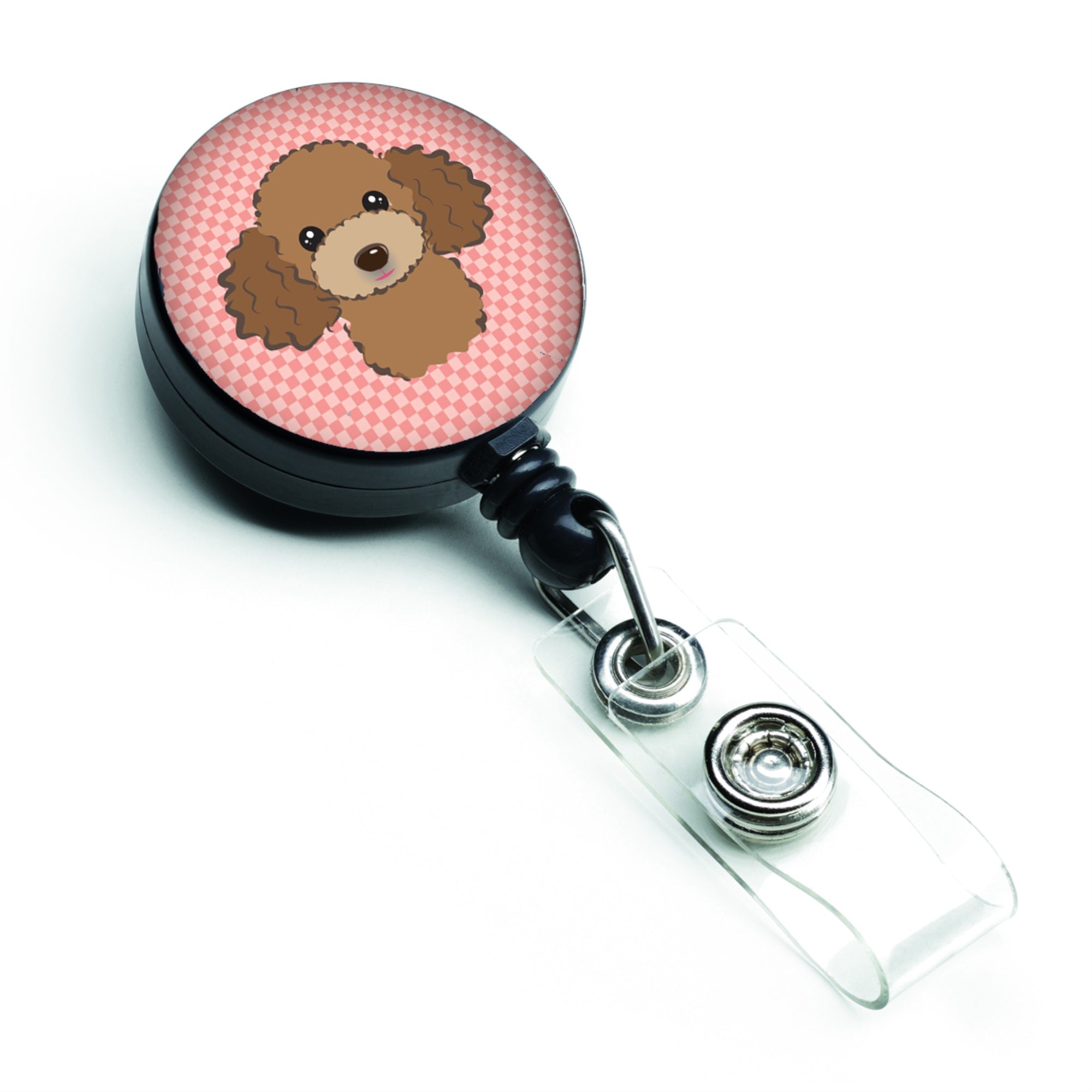 Checkerboard Pink Chocolate Brown Poodle Retractable Badge Reel