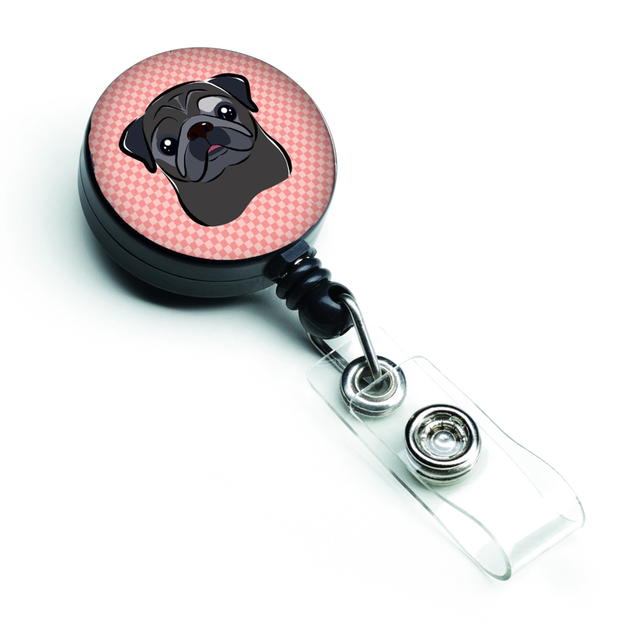 Checkerboard Pink Black Pug Retractable Badge Reel