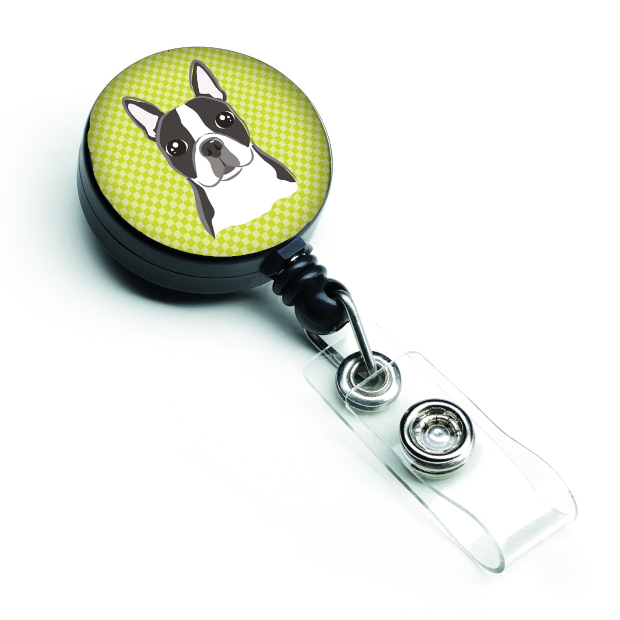Checkerboard Lime Green Boston Terrier Retractable Badge Reel