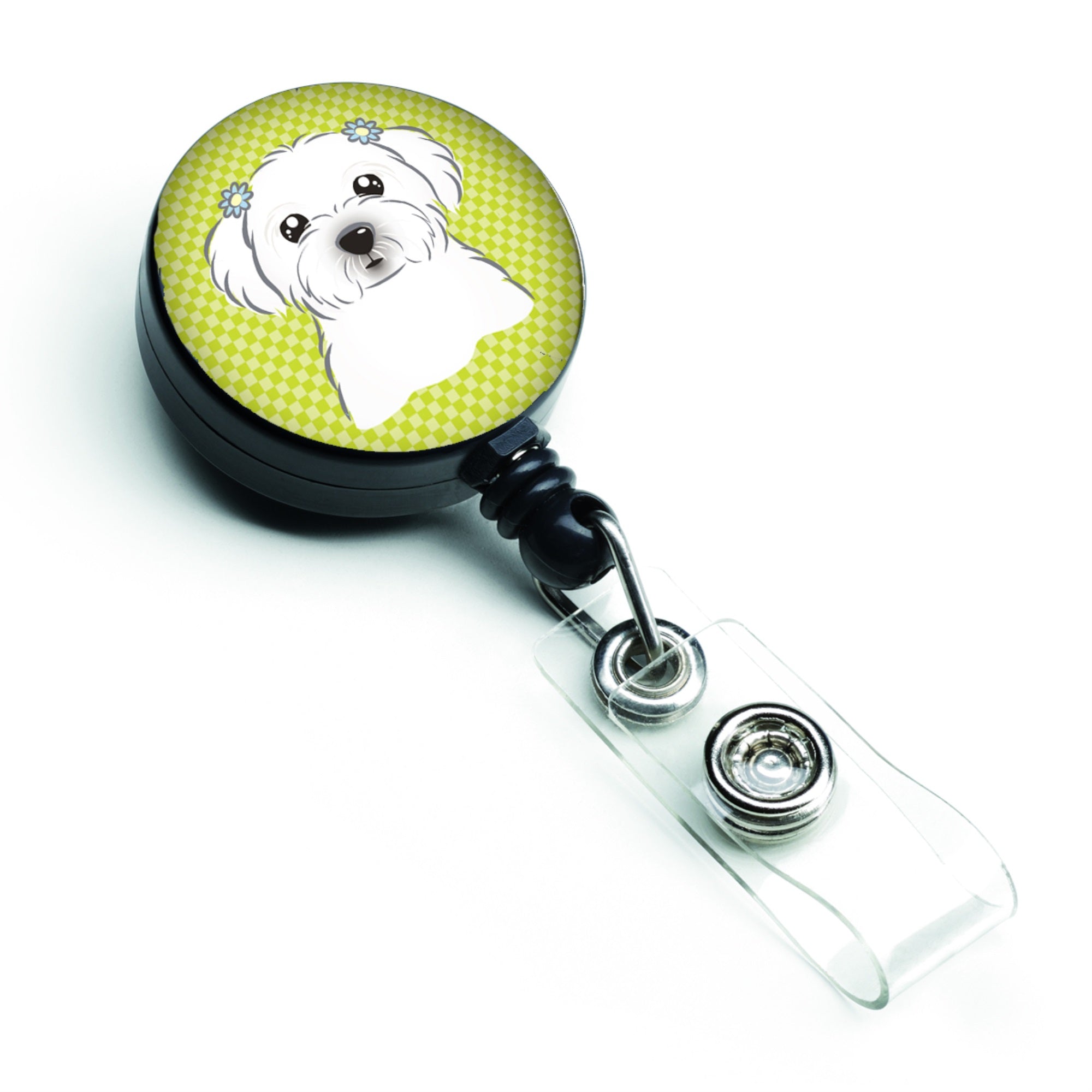 Checkerboard Lime Green Maltese Retractable Badge Reel
