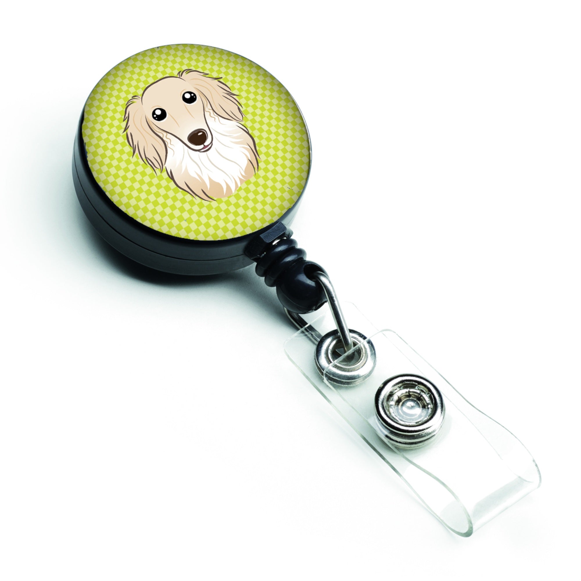 Checkerboard Lime Green Longhair Creme Dachshund Retractable Badge Reel
