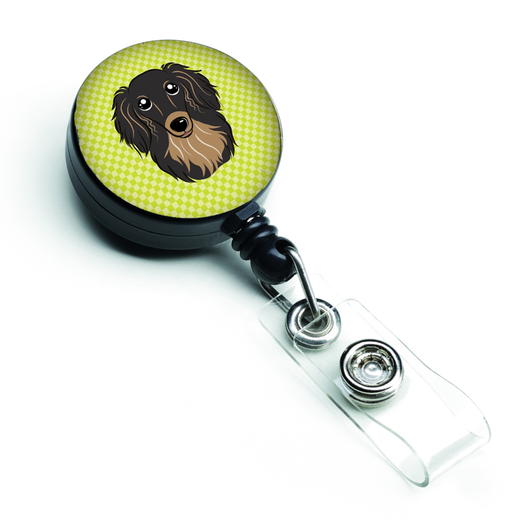 Checkerboard Lime Green Longhair Black And Tan Dachshund Retractable Badge Reel