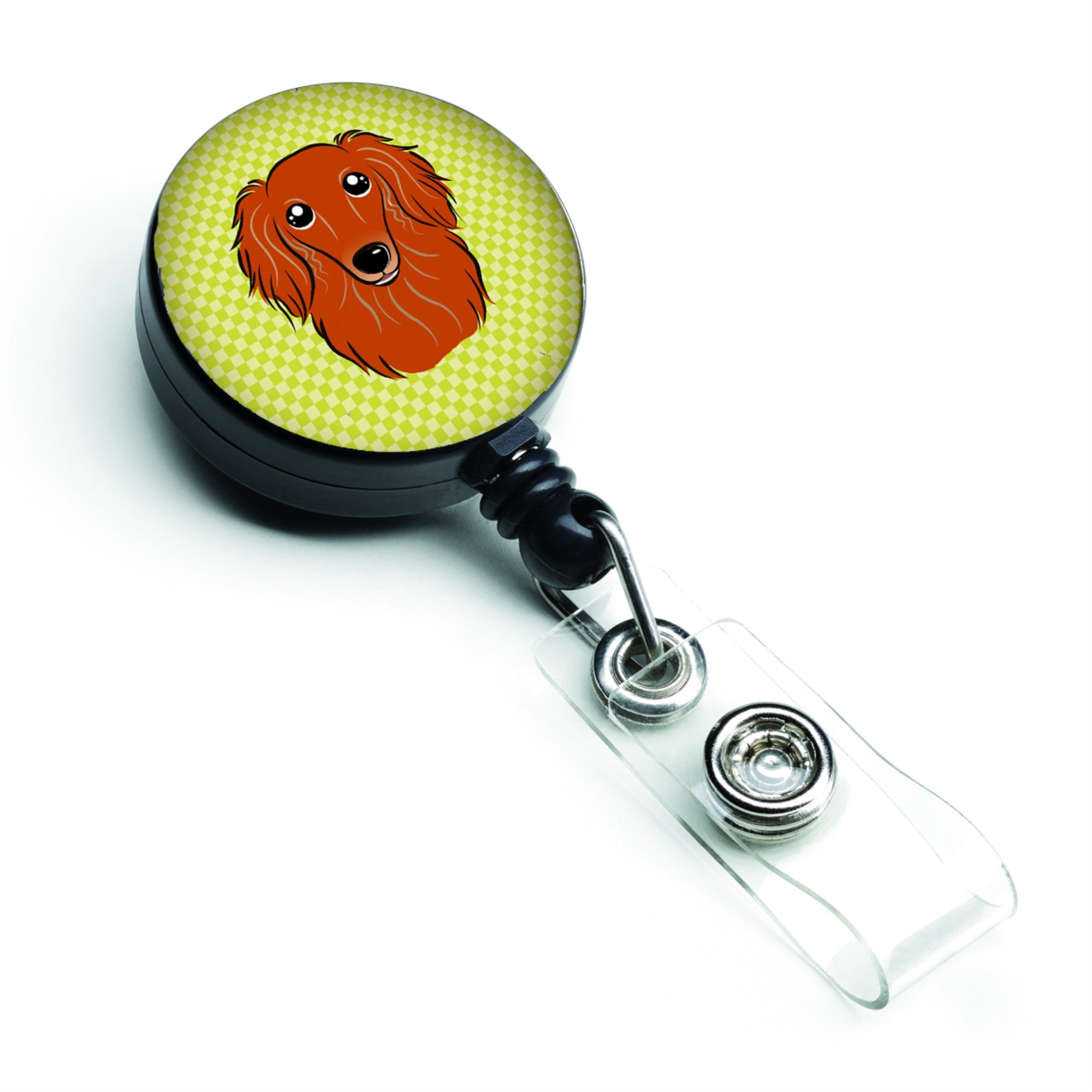 Checkerboard Lime Green Longhair Red Dachshund Retractable Badge Reel