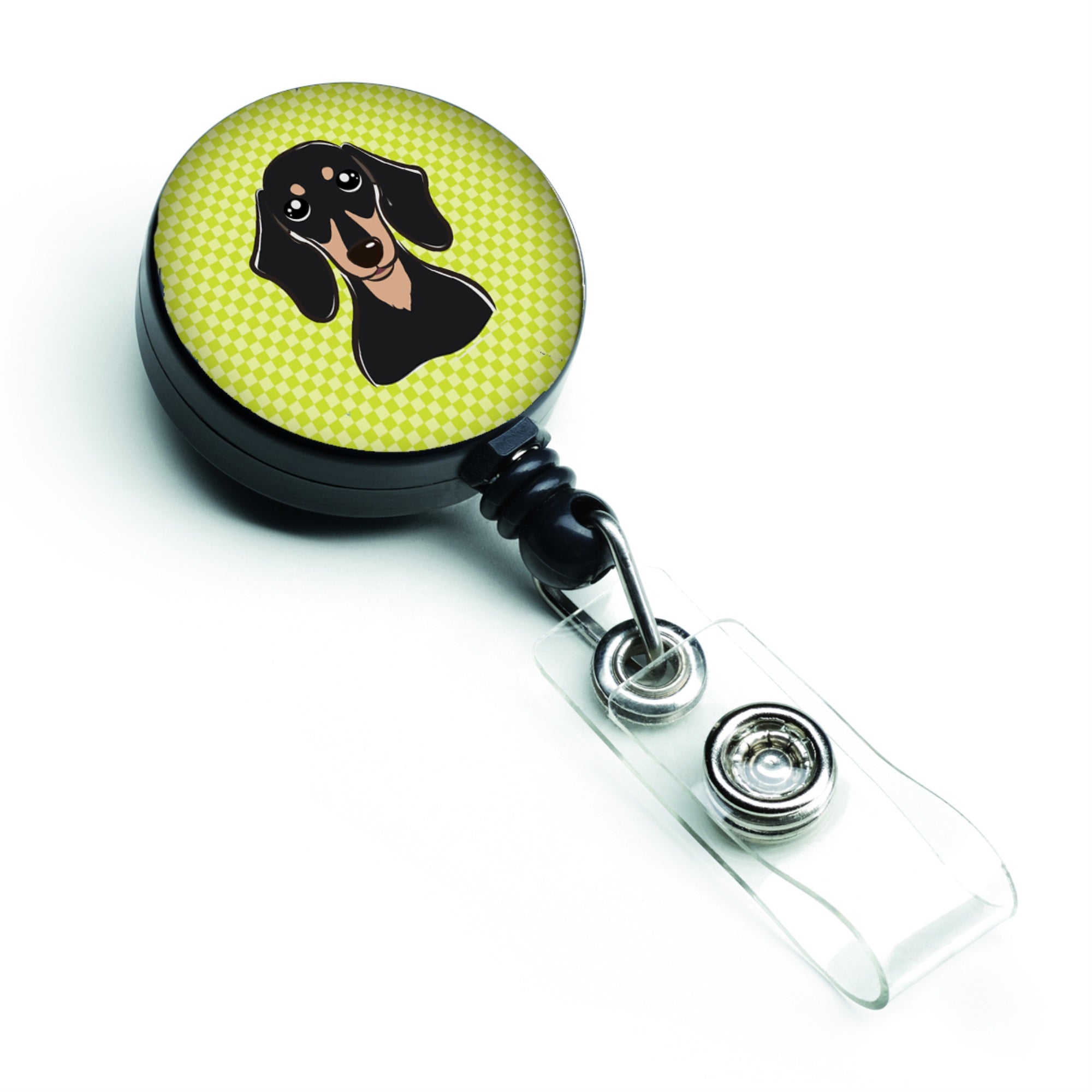 Checkerboard Lime Green Smooth Black And Tan Dachshund Retractable Badge Reel