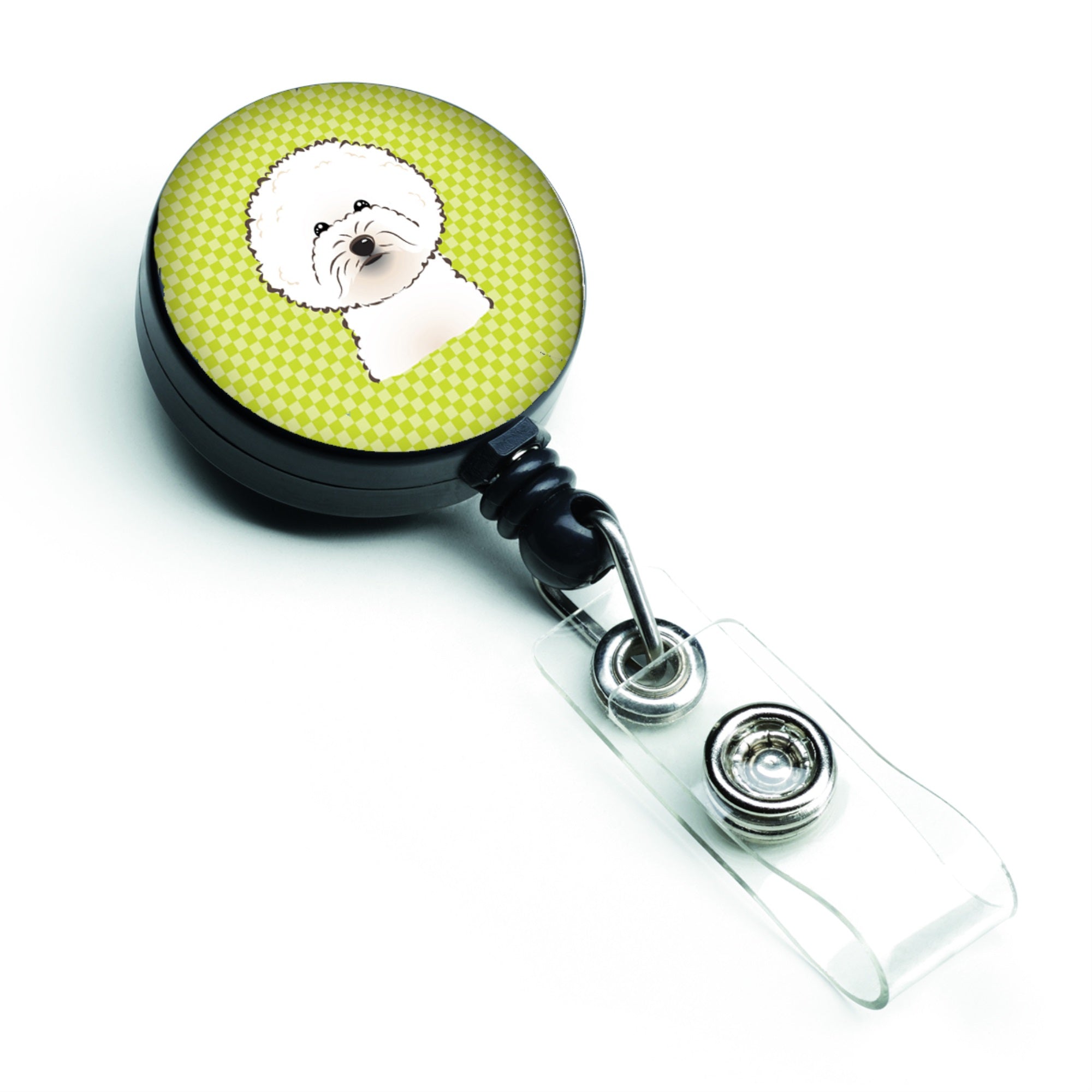 Checkerboard Lime Green Bichon Frise Retractable Badge Reel