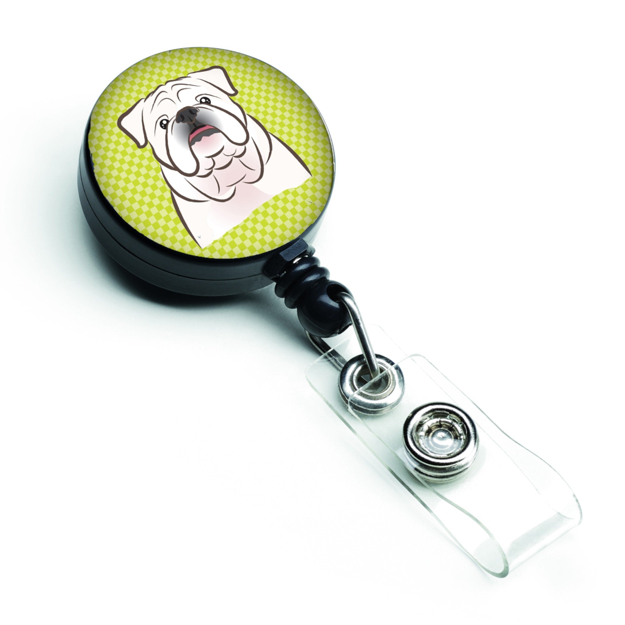 Checkerboard Lime Green White English Bulldog  Retractable Badge Reel