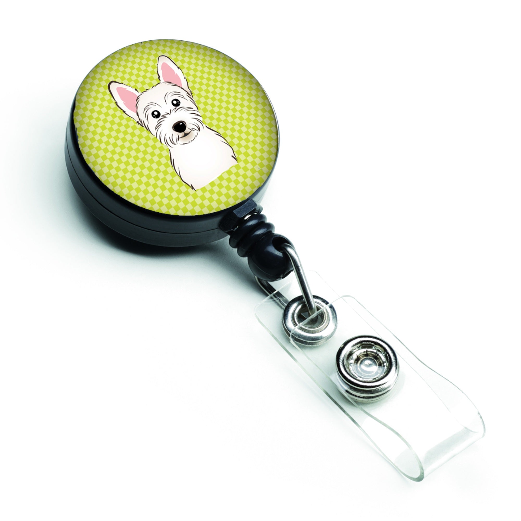 Checkerboard Lime Green Westie Retractable Badge Reel