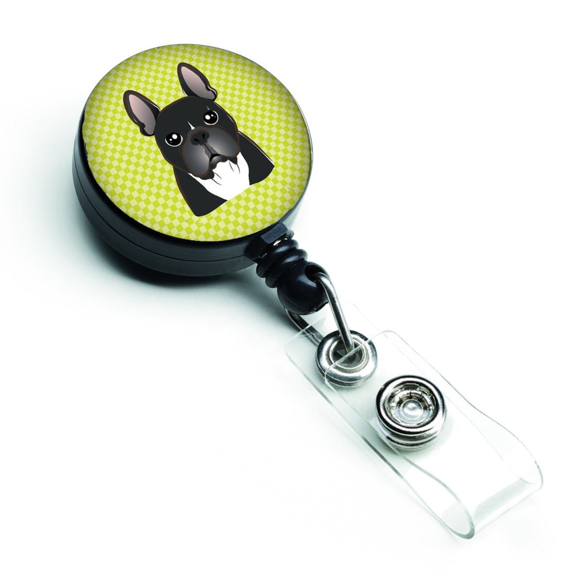Checkerboard Lime Green French Bulldog Retractable Badge Reel