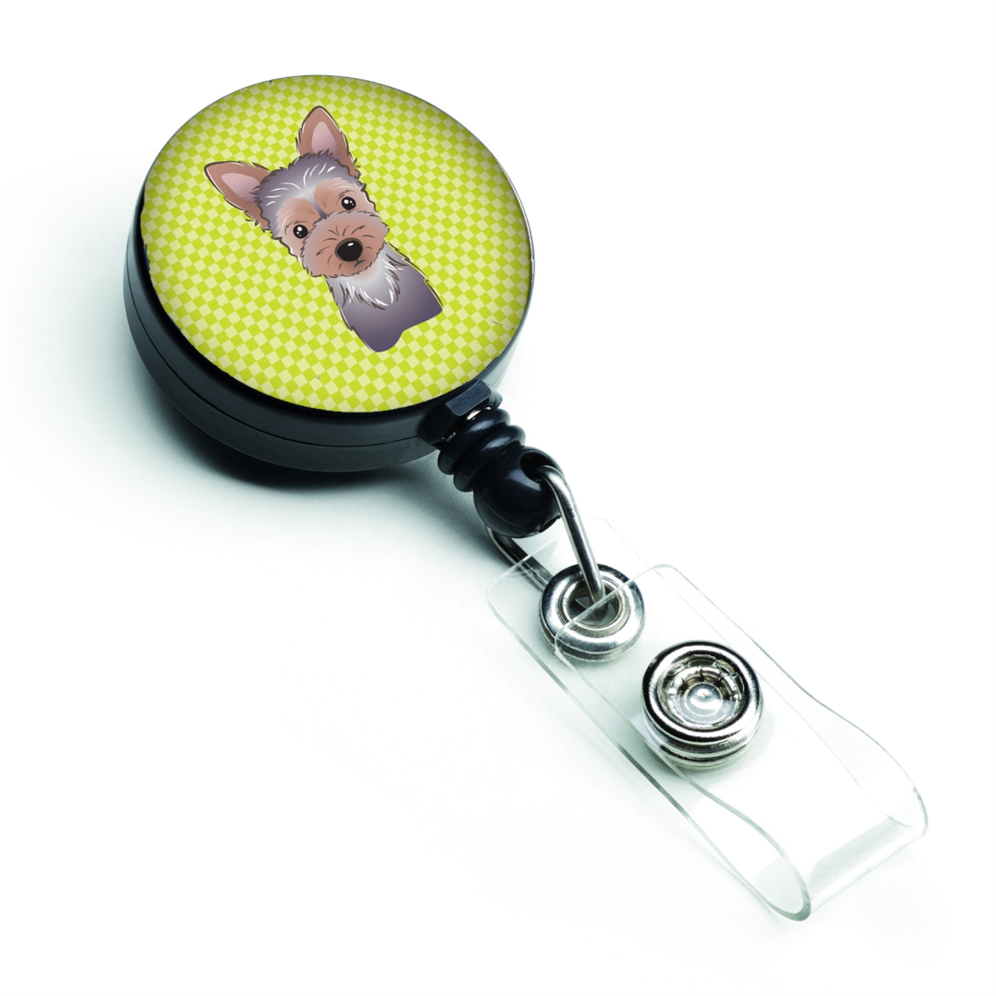 Checkerboard Lime Green Yorkie Puppy Retractable Badge Reel