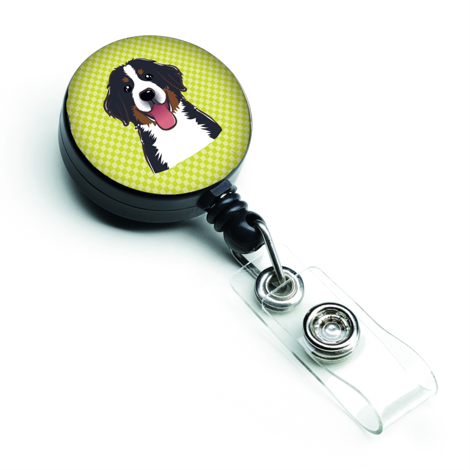 Checkerboard Lime Green Bernese Mountain Dog Retractable Badge Reel