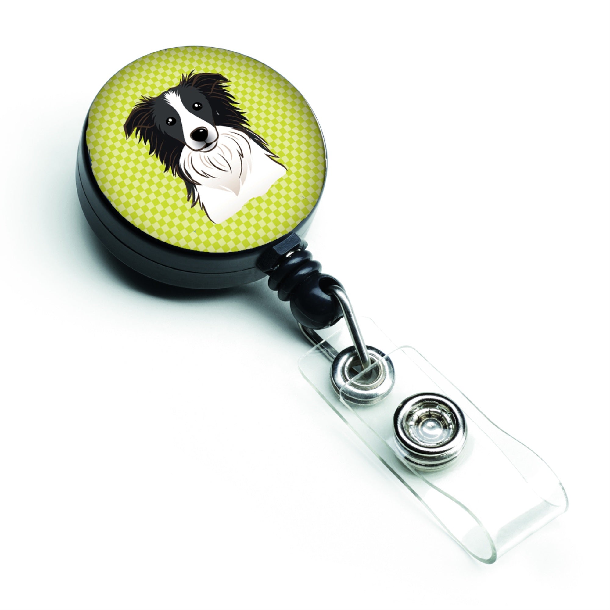 Checkerboard Lime Green Border Collie Retractable Badge Reel