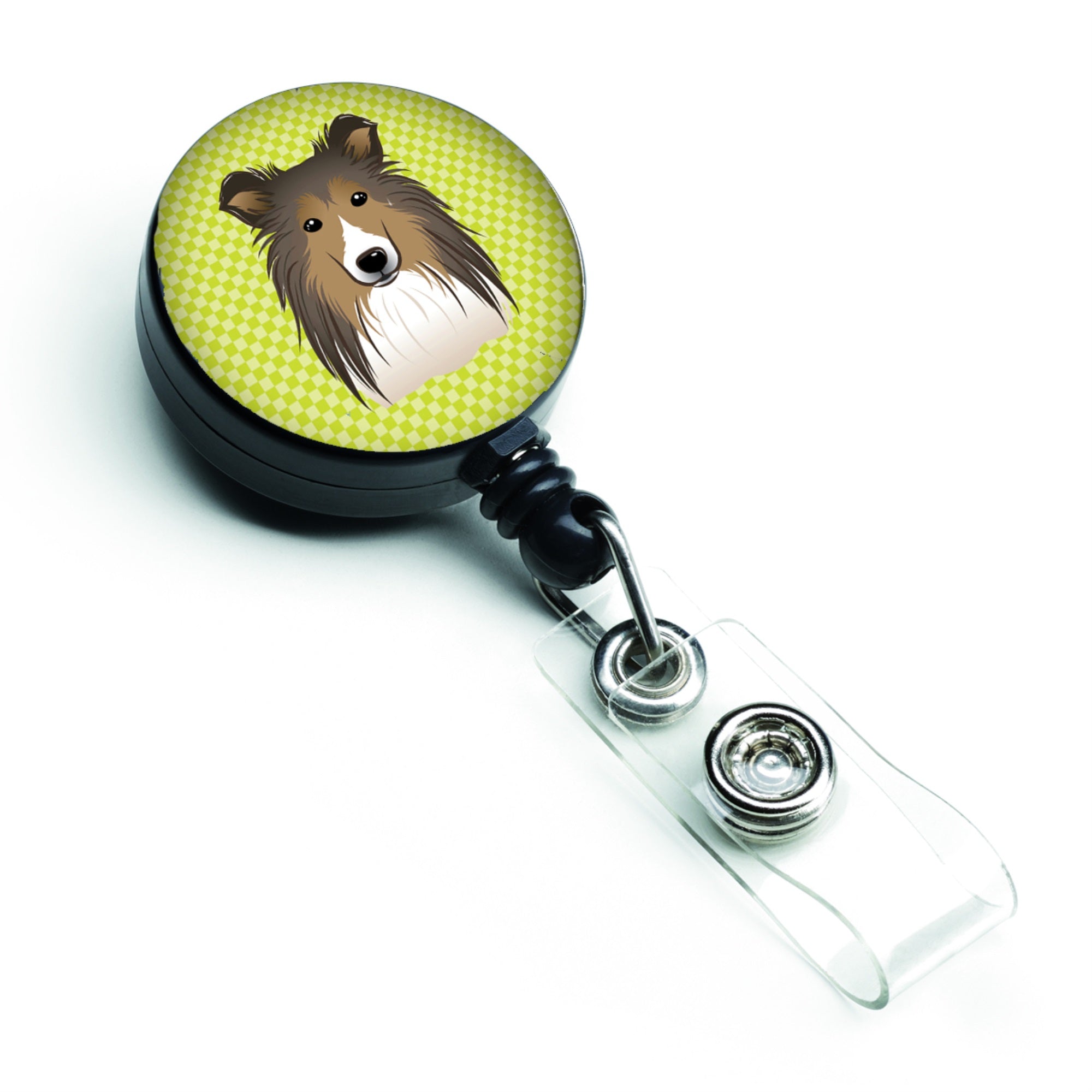 Checkerboard Lime Green Sheltie Retractable Badge Reel