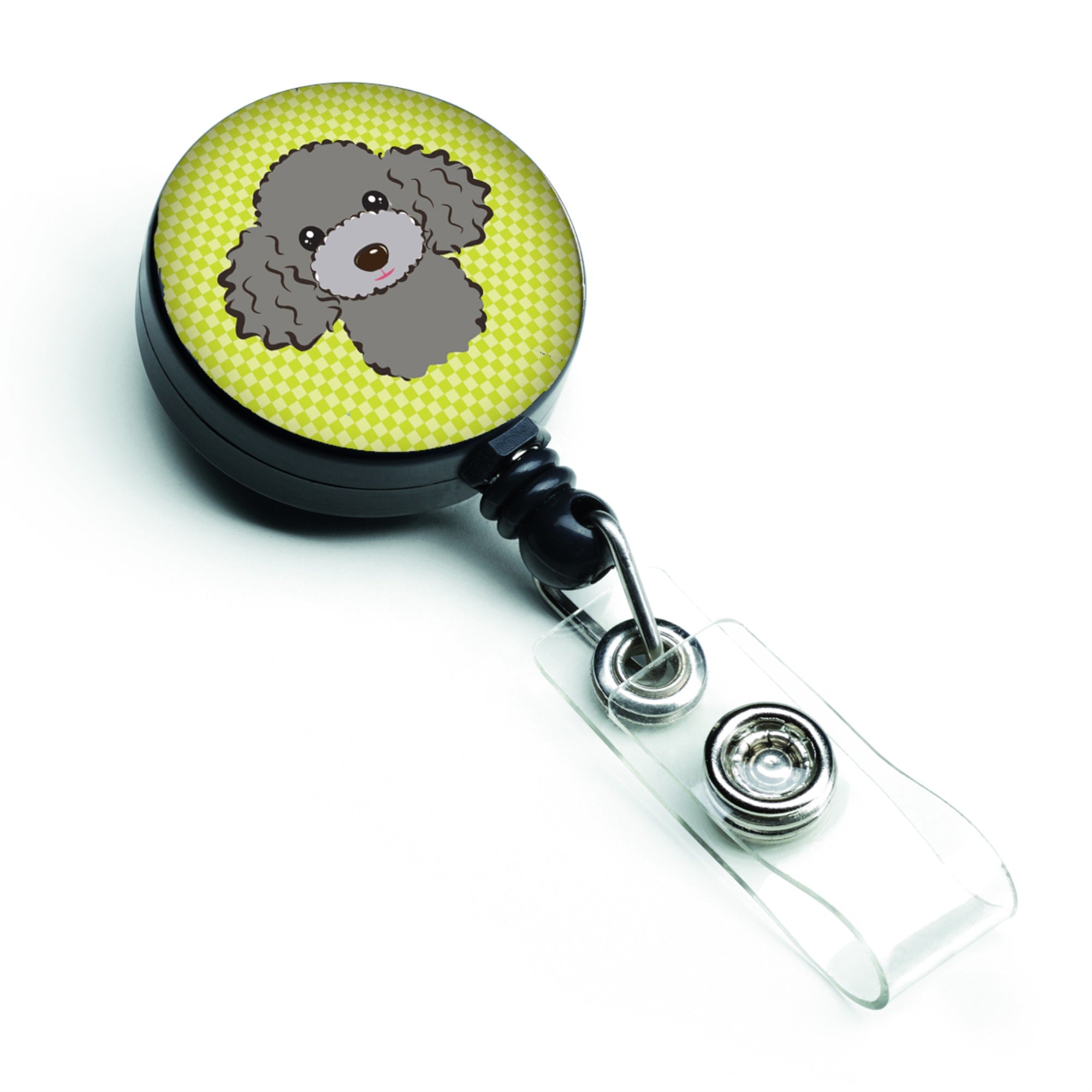 Checkerboard Lime Green Silver Gray Poodle Retractable Badge Reel