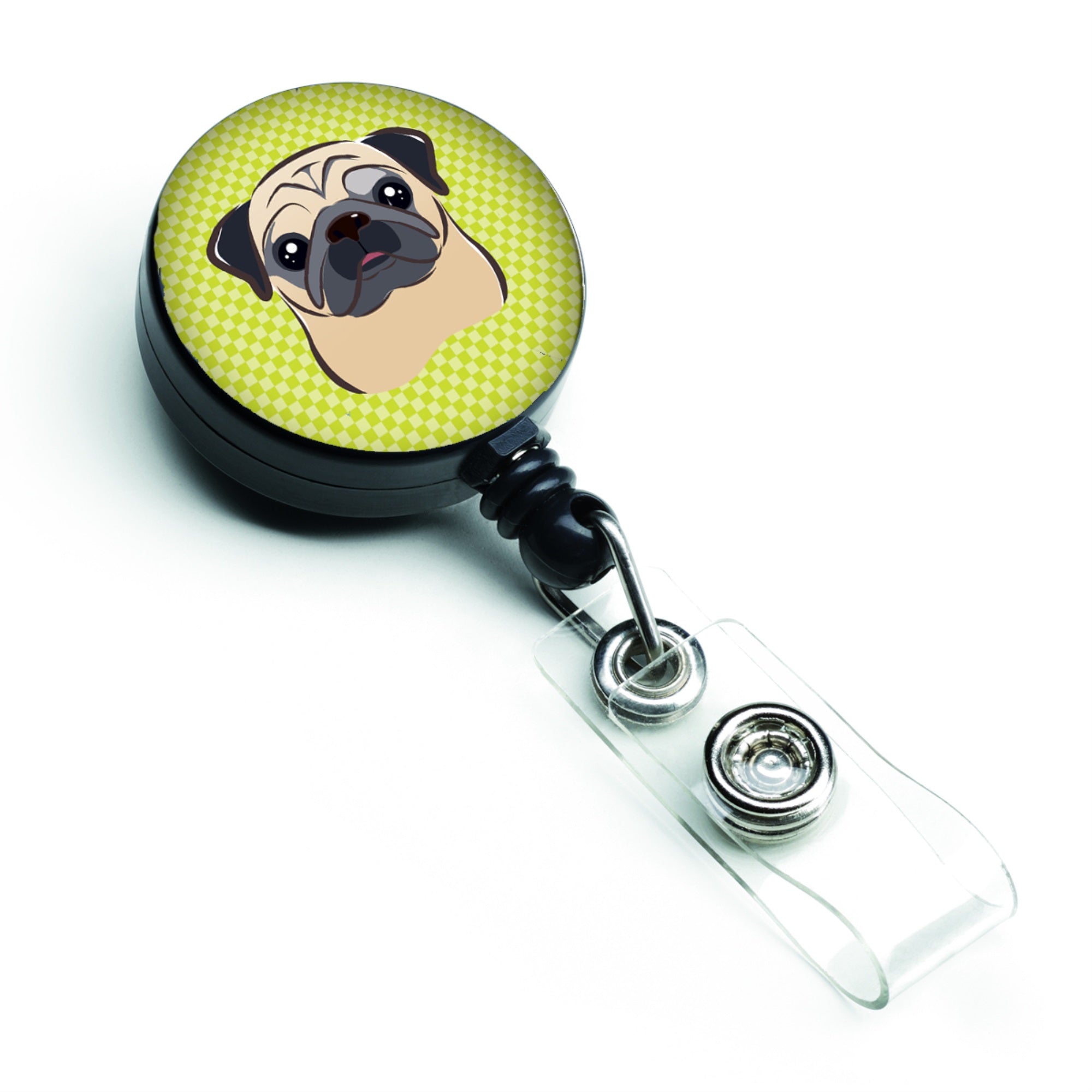 Checkerboard Lime Green Fawn Pug Retractable Badge Reel