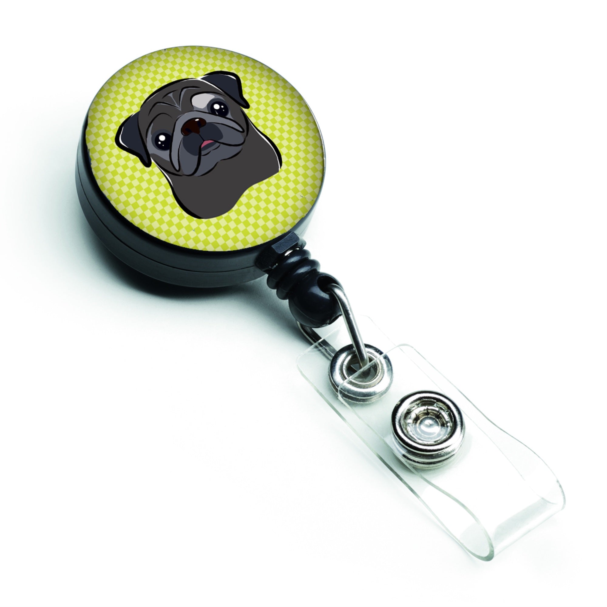 Checkerboard Lime Green Black Pug Retractable Badge Reel