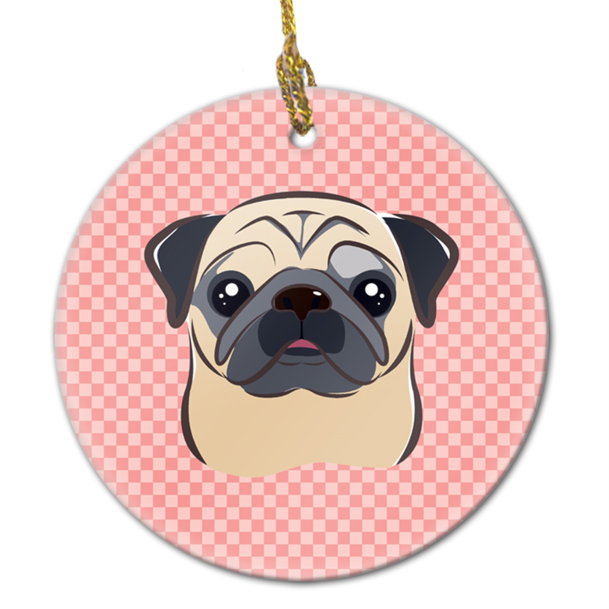 Checkerboard Pink Fawn Pug Ceramic Ornament