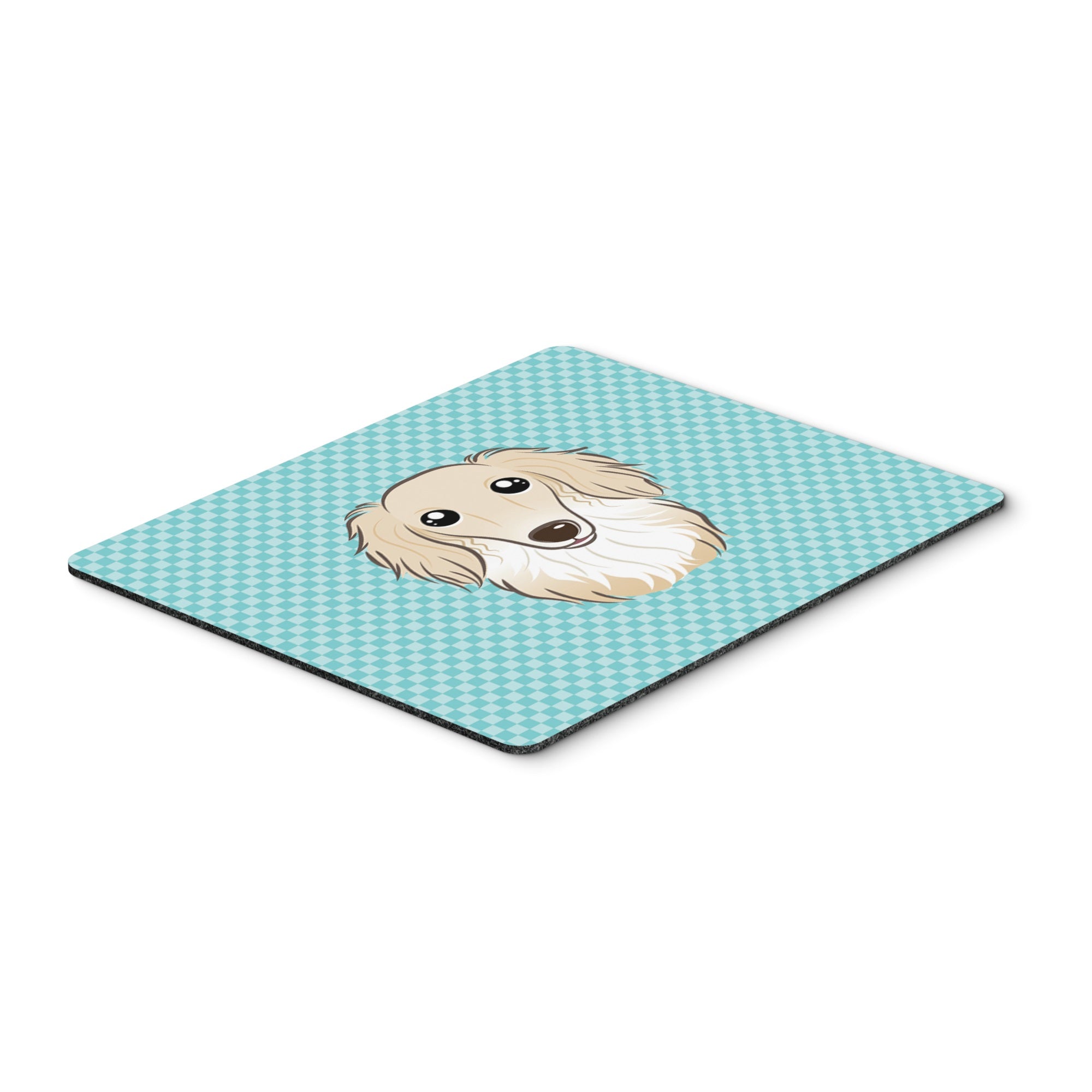 Checkerboard Blue Longhair Creme Dachshund Mouse Pad, Hot Pad Or Trivet