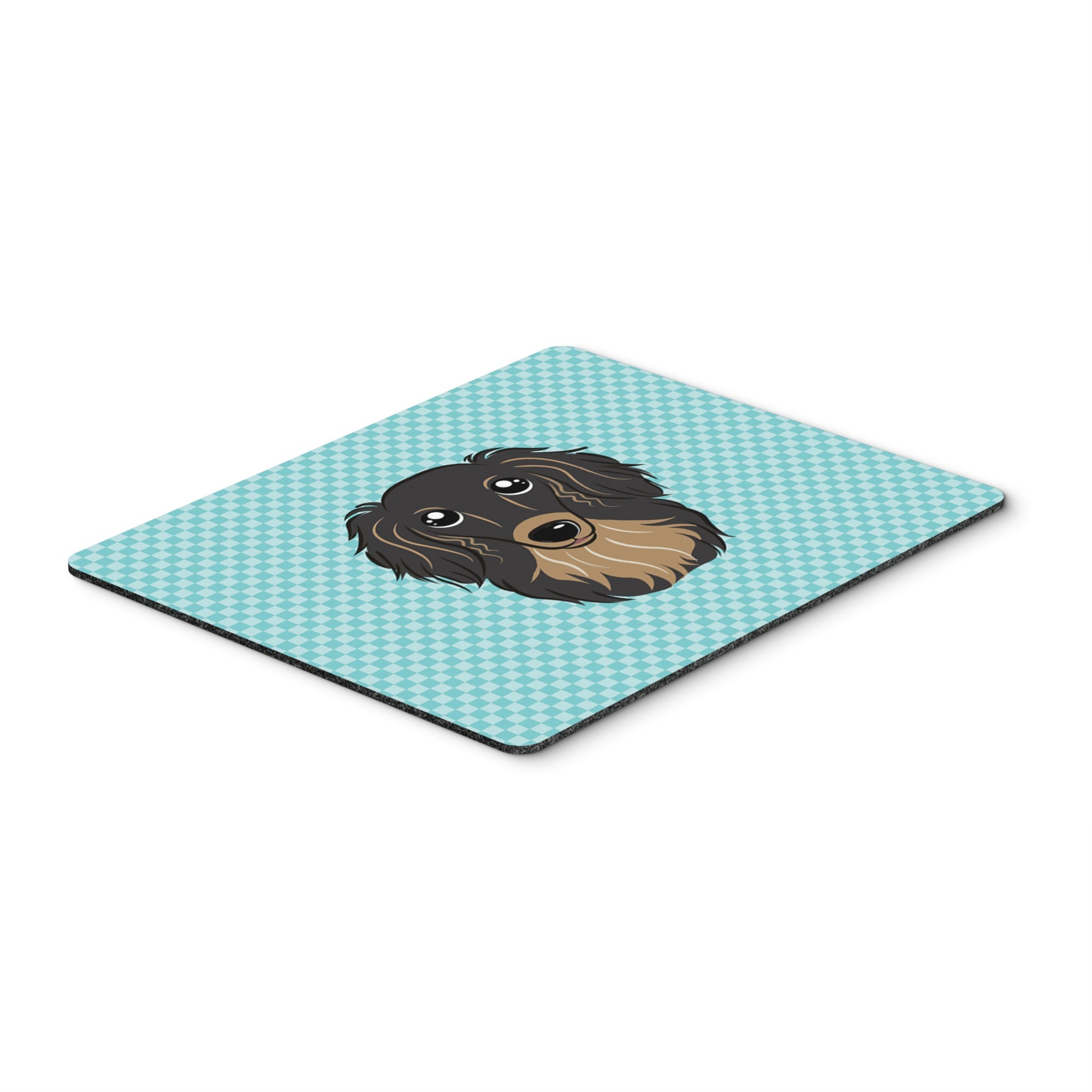 Checkerboard Blue Longhair Black And Tan Dachshund Mouse Pad, Hot Pad Or Trivet