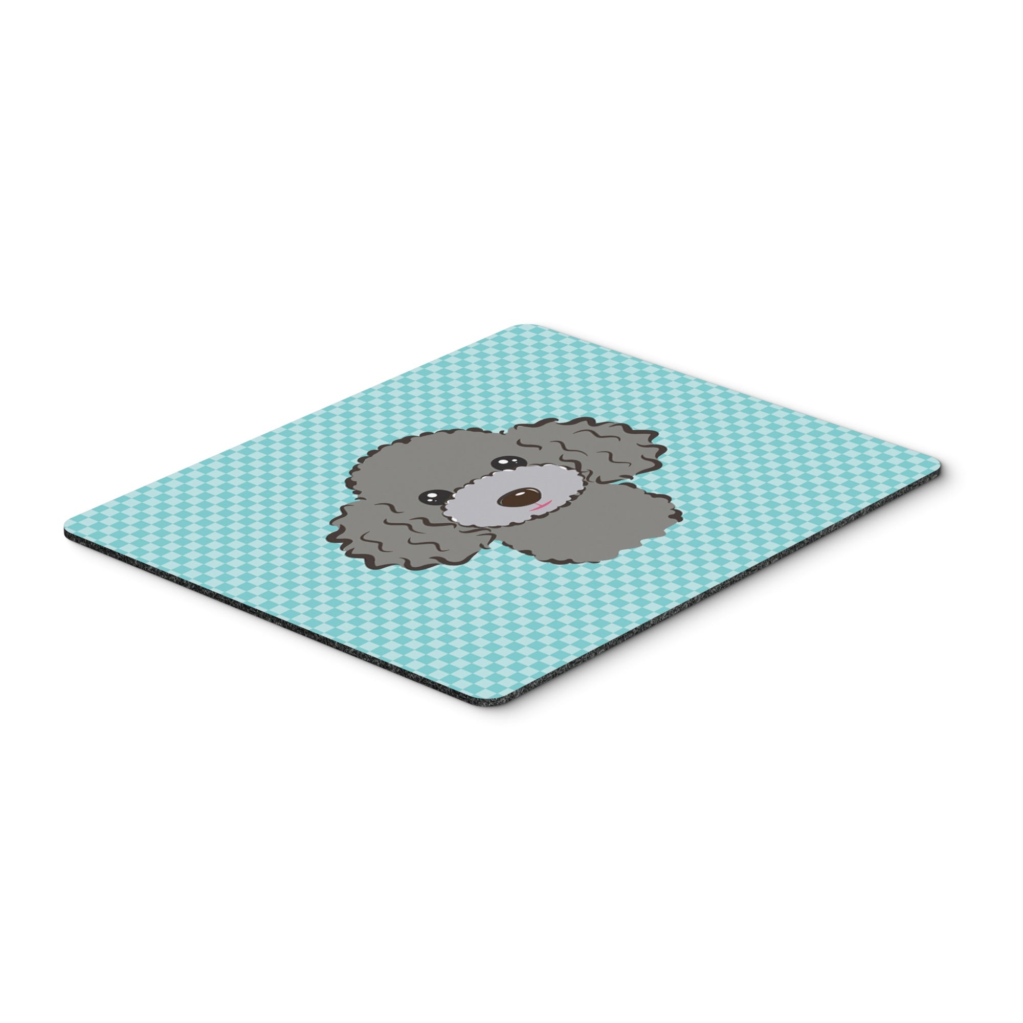 Checkerboard Blue Silver Gray Poodle Mouse Pad, Hot Pad Or Trivet