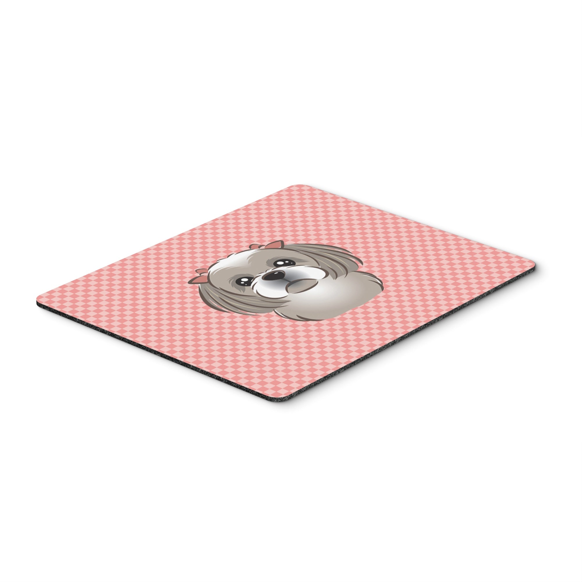 Checkerboard Pink Gray Silver Shih Tzu Mouse Pad, Hot Pad Or Trivet