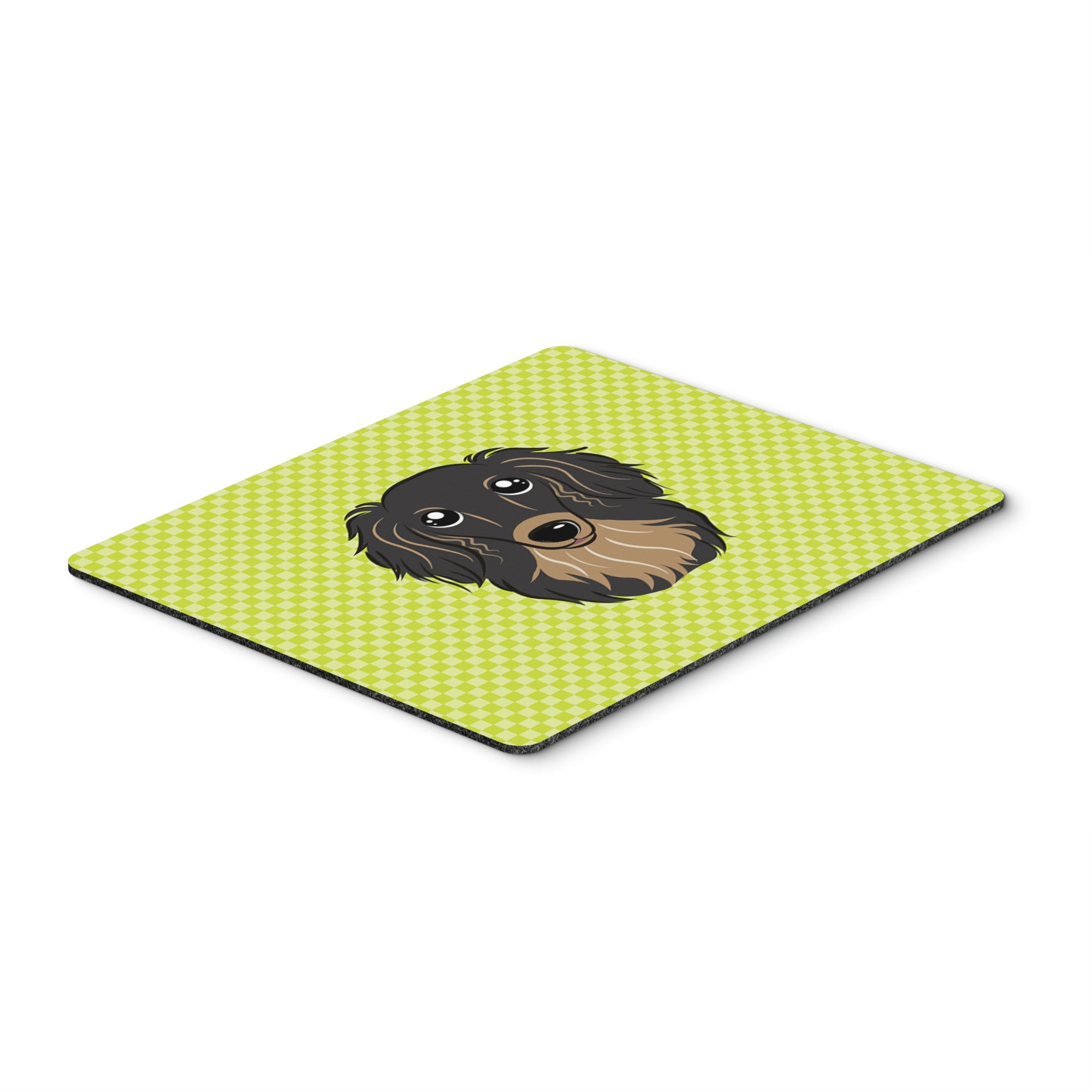 Checkerboard Lime Green Longhair Black And Tan Dachshund Mouse Pad, Hot Pad Or Trivet