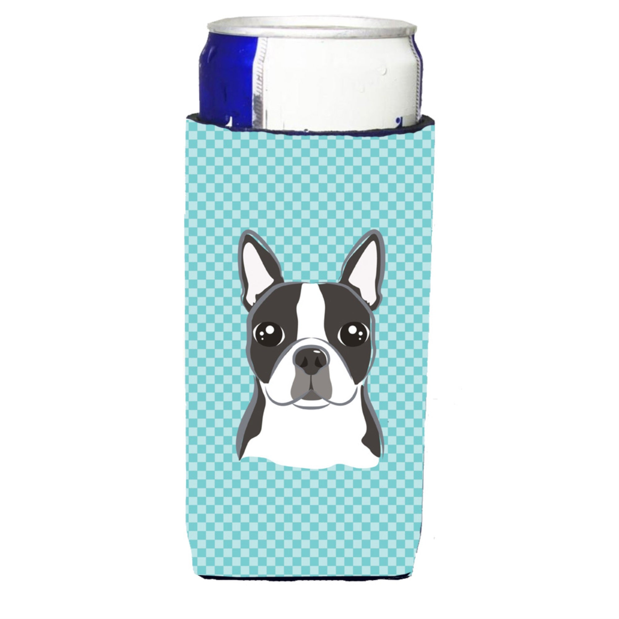 Checkerboard Blue Boston Terrier Ultra Hugger For Slim Cans