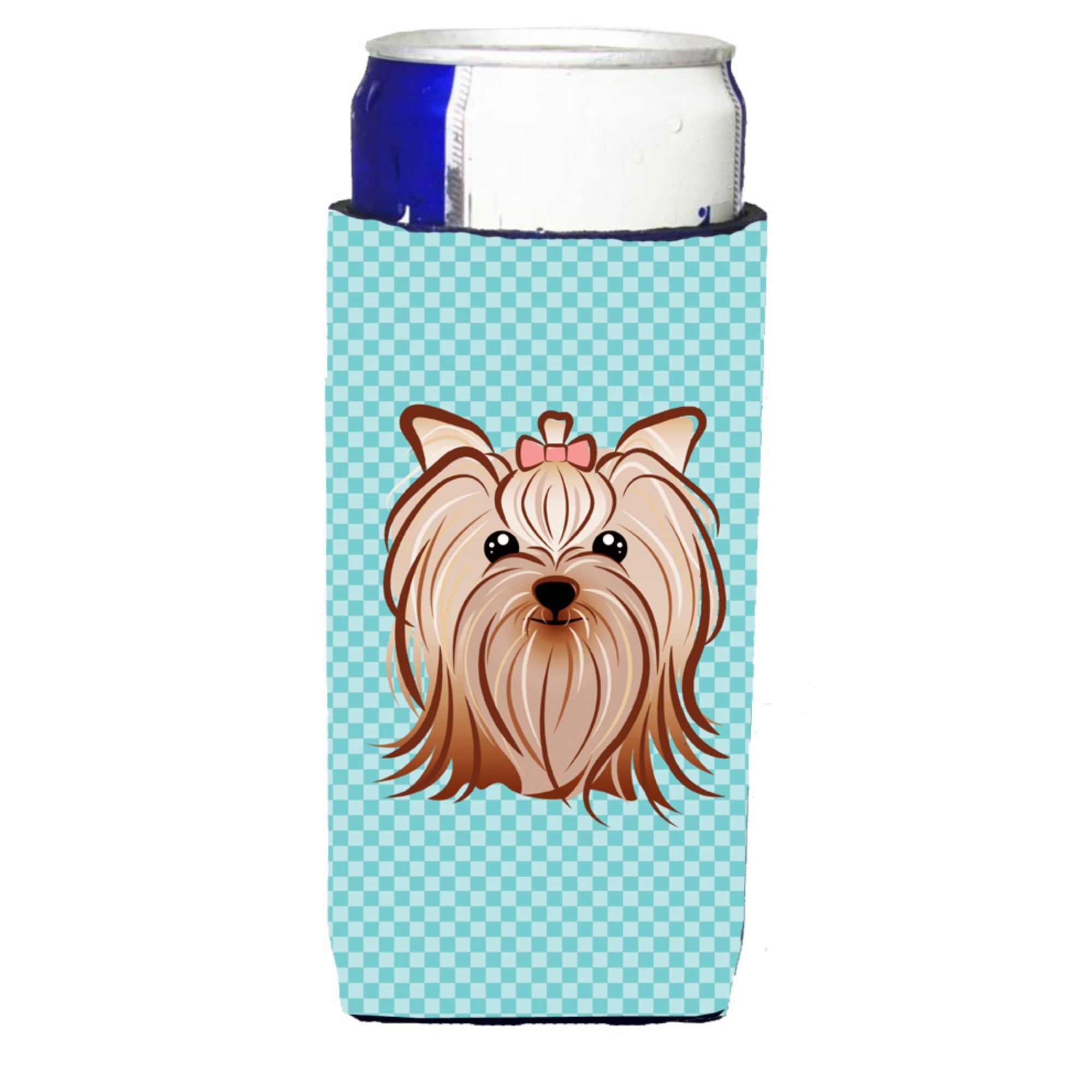 Checkerboard Blue Yorkie Yorkishire Terrier Ultra Hugger For Slim Cans