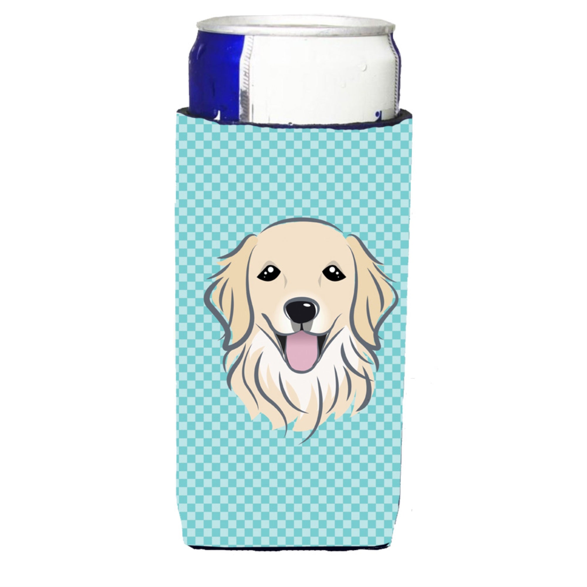 Checkerboard Blue Golden Retriever Ultra Hugger For Slim Cans