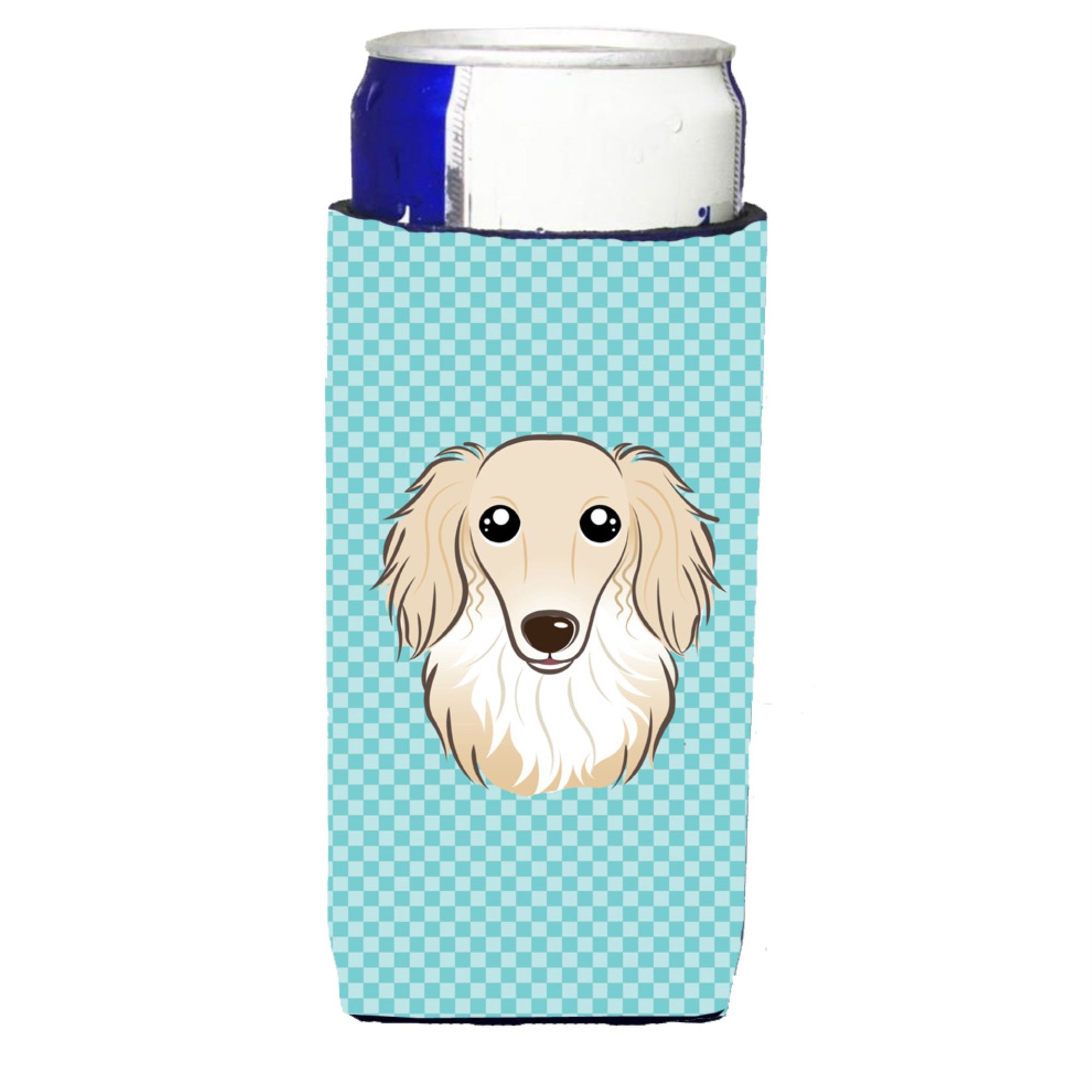 Checkerboard Blue Longhair Creme Dachshund Ultra Hugger For Slim Cans