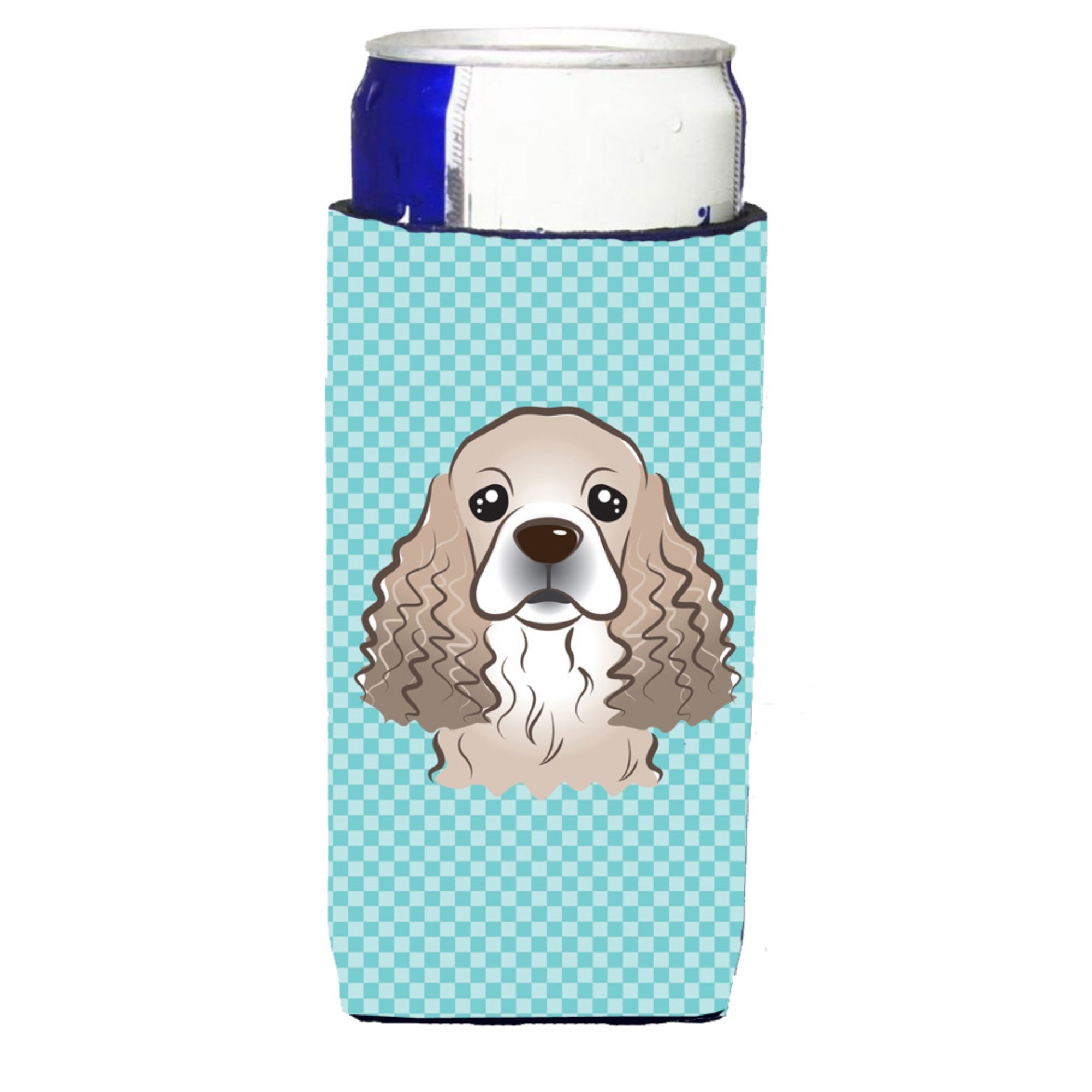 Checkerboard Blue Cocker Spaniel Ultra Hugger For Slim Cans