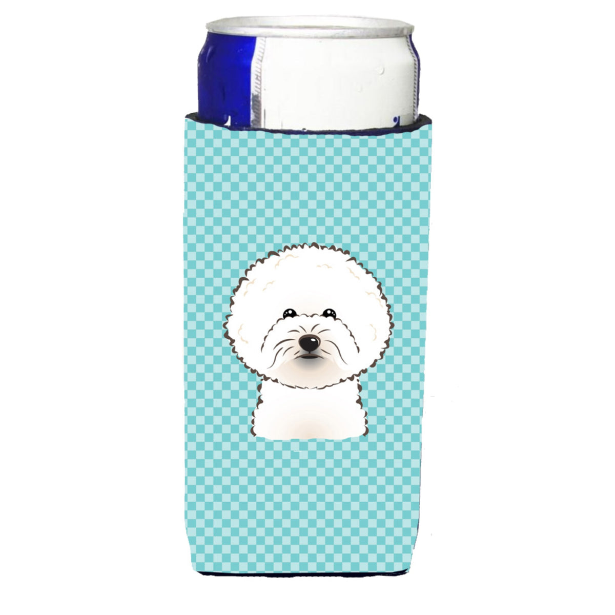 Checkerboard Blue Bichon Frise Ultra Hugger For Slim Cans