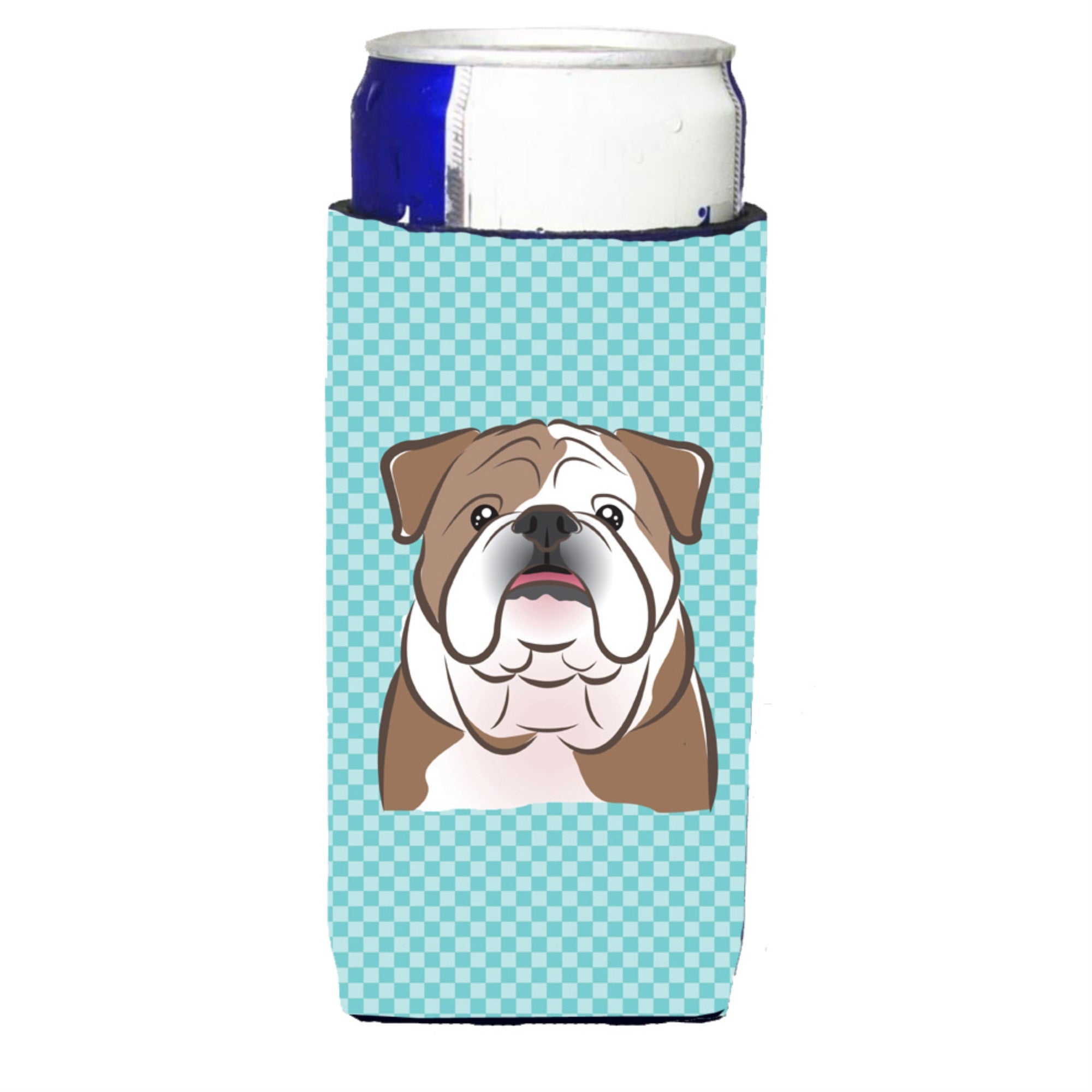 Checkerboard Blue English Bulldog  Ultra Hugger For Slim Cans