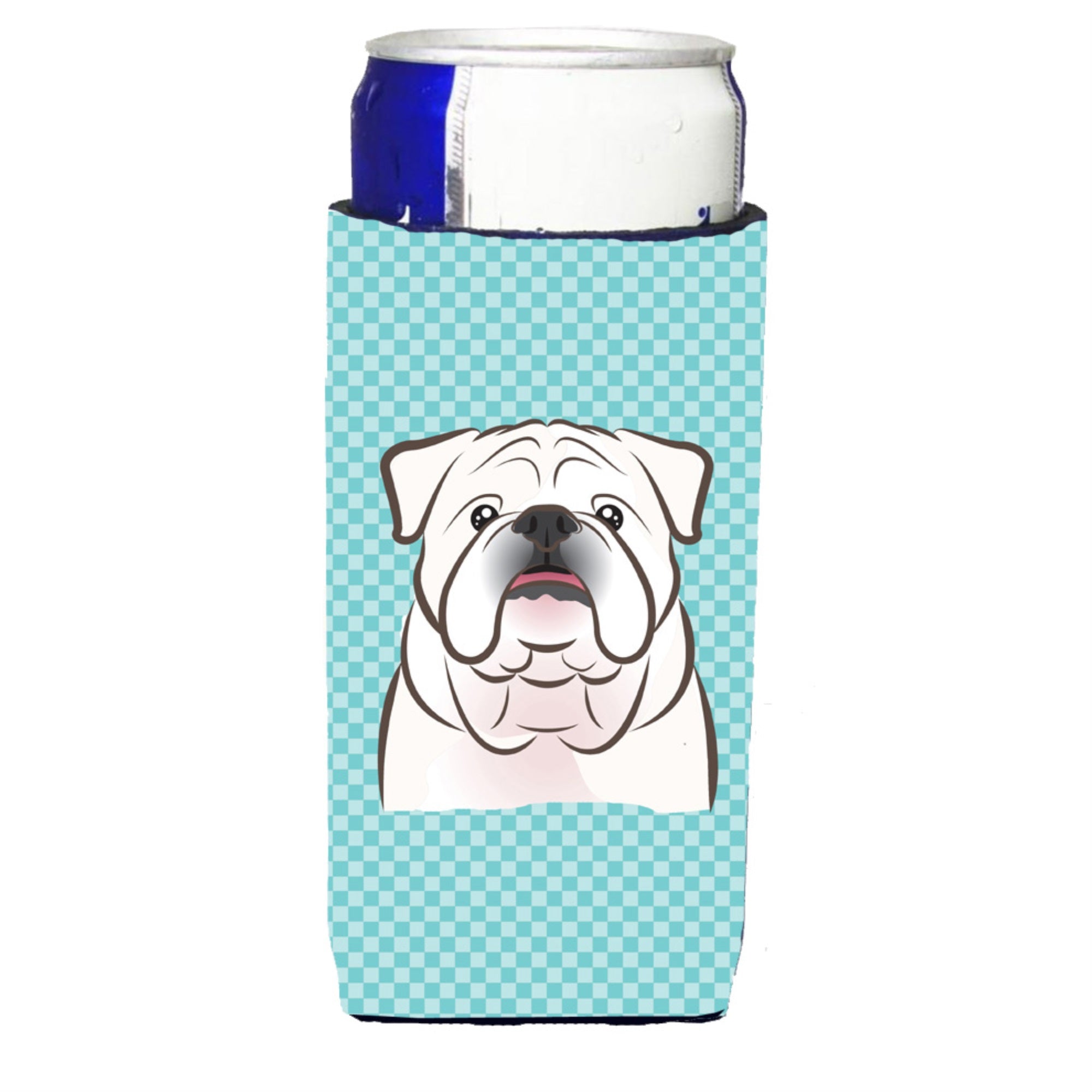 Checkerboard Blue White English Bulldog  Ultra Hugger For Slim Cans