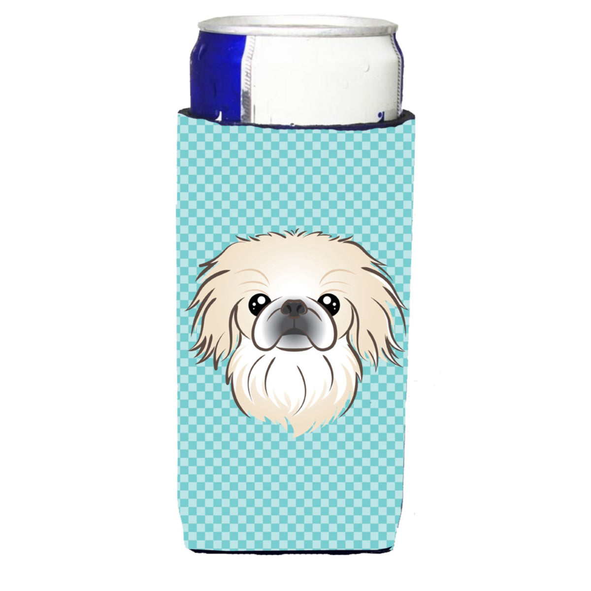 Checkerboard Blue Pekingese Ultra Hugger For Slim Cans