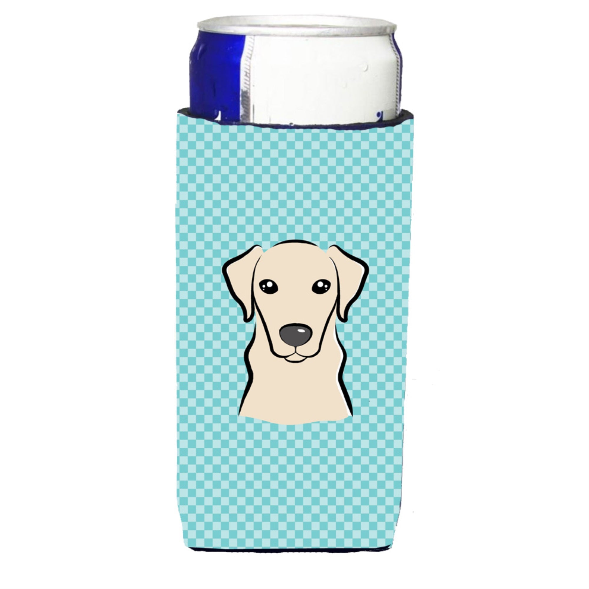 Checkerboard Blue Yellow Labrador Ultra Hugger For Slim Cans
